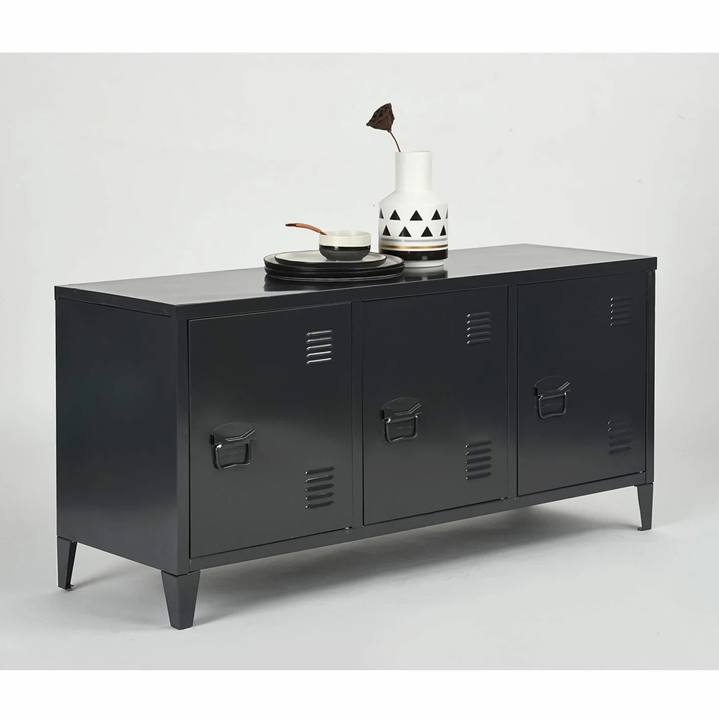 Homy Casa Grande armadio in metallo a doppio rivestimento con 3 ante in metallo, mobile da ufficio o guardaroba con due ripiani, basso, misure: 120 x 40 x 58 cm, nero