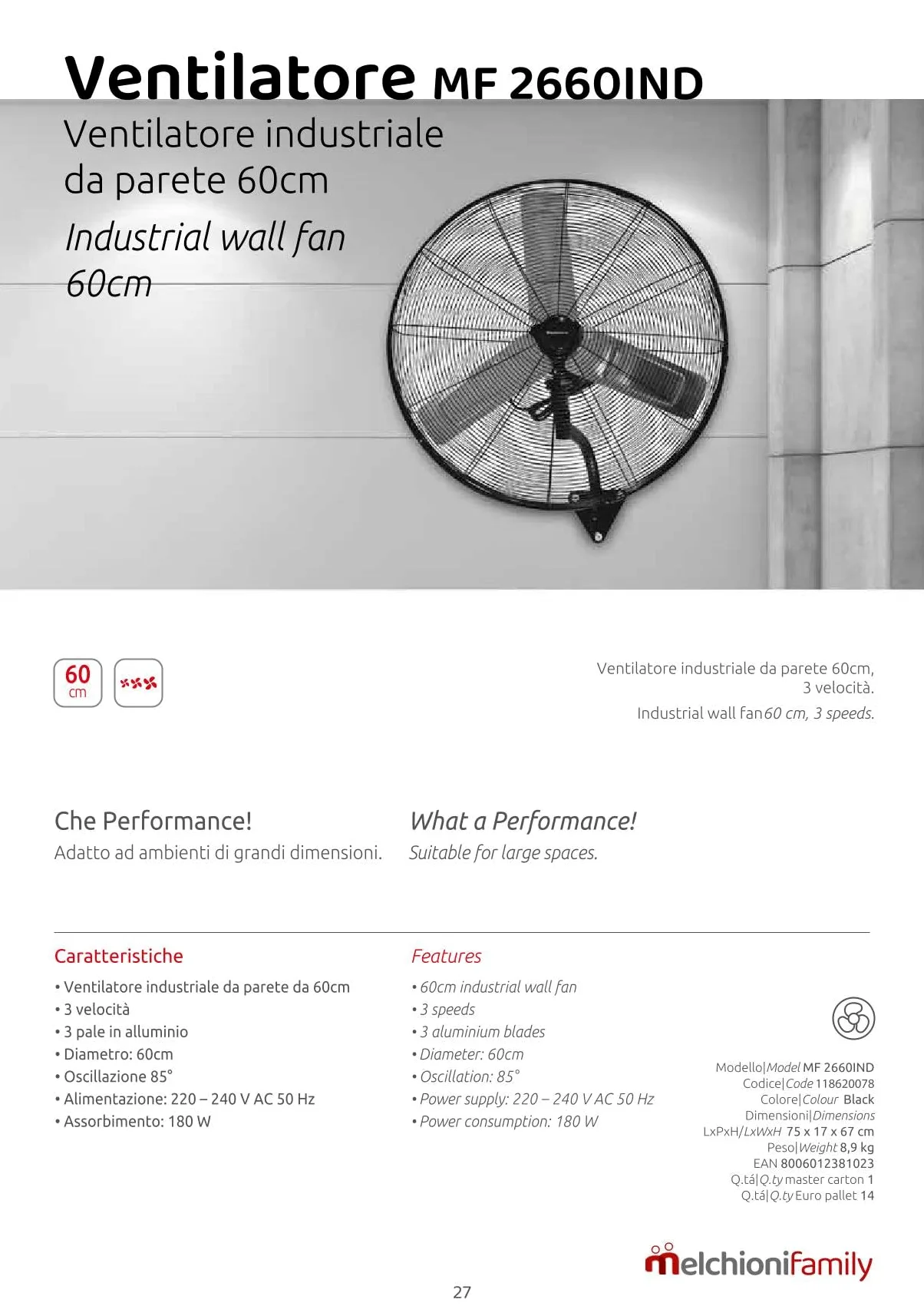 Generico Ventilatore Industriale da Parete MF 2660IND 60 cm 180W 3 Velocità Oscillante 85° Pale in Alluminio Ventilatore da Muro per Ambienti Grandi Nero