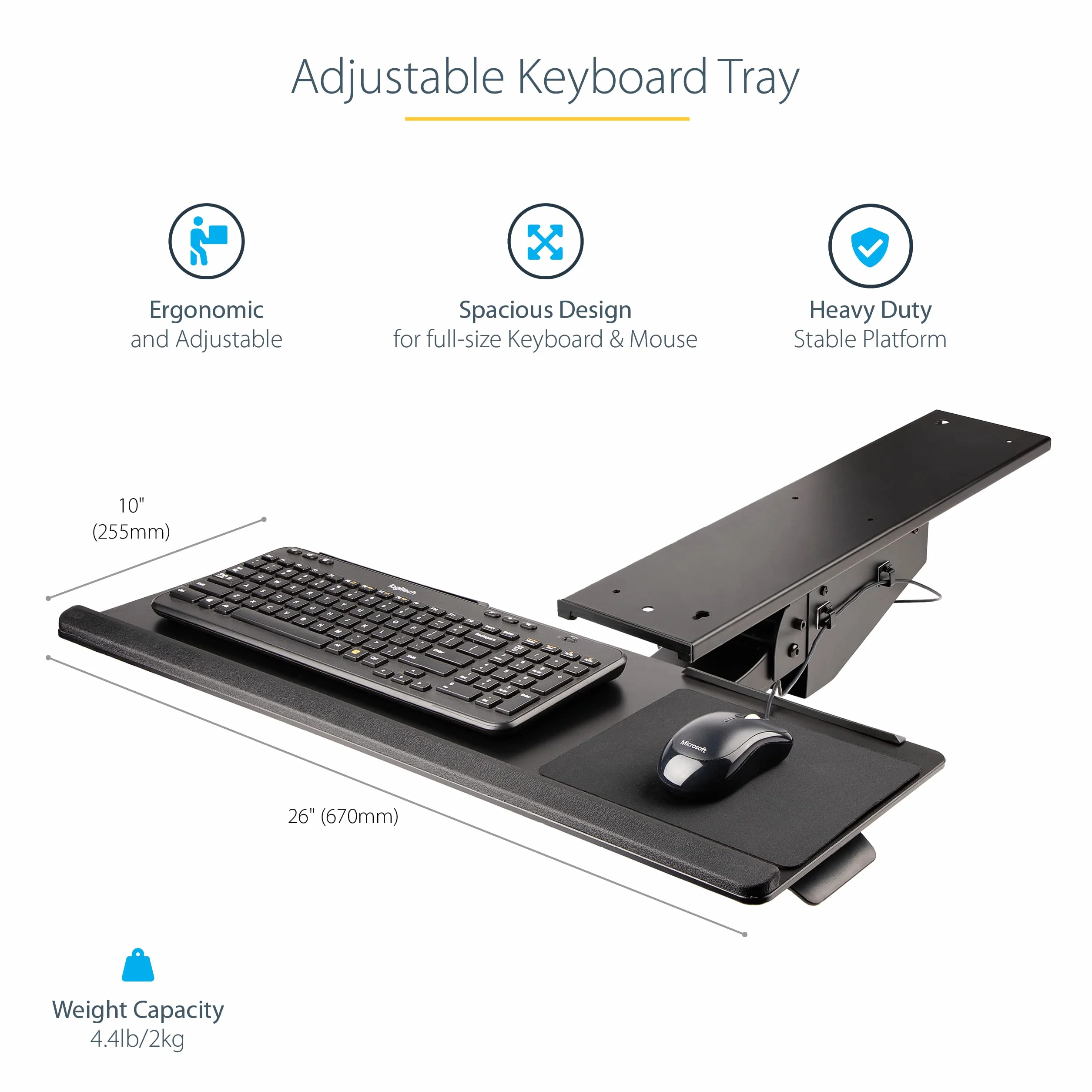 StarTech.com Porta tastiera estraibile per scrivania - Ripiano scorrevole sotto scrivania per tastiera PC - Mensola ergonomica 25x67 cm con tappetino per mouse e poggiapolsi (KBTRAYADJ2)