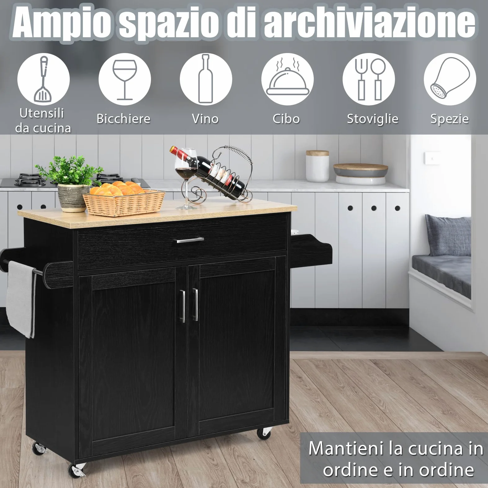 COSTWAY Carrello da Cucina con Ruote di Gomma, Scaffale per Microonde Carrello Servizio, Mobile Cucina con Ripiani e Ante, Credenza Cucina Legno Moderno Elegante, 116 x 37 x 85 cm (Nero)