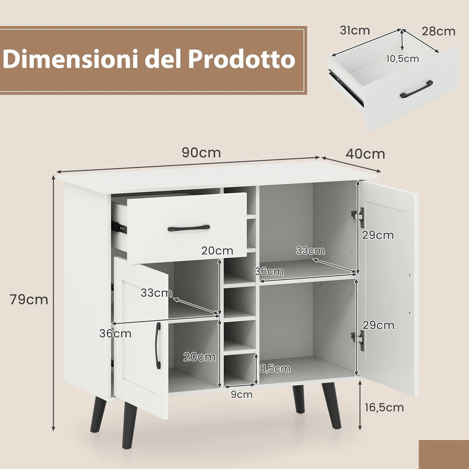 RELAX4LIFE Mobile Bar per Vino, Credenza con 2 Ante e 1 Cassetto, Porta Bottiglie da 6, Ripiani Regolabili, Credenza con Spazio per Vino per Cucina, Sala da Pranzo, Soggiorno