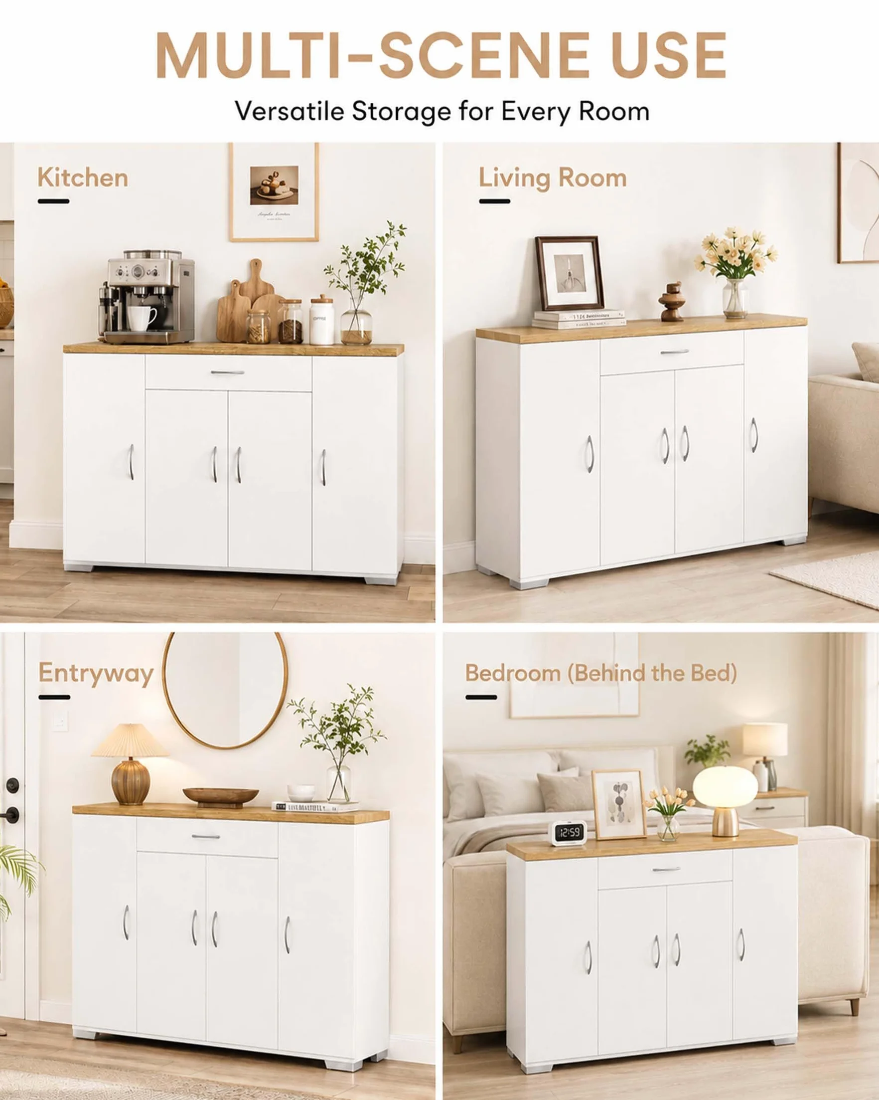 Credenza Cucina Bianca con Piano di Lavoro 110 x 30 x 70 cm Mobile Cucina Salvaspazio con Cassetto e 4 Ante Dispensa Cucina Madia Soggiorno Sala da Pranzo Moderna
