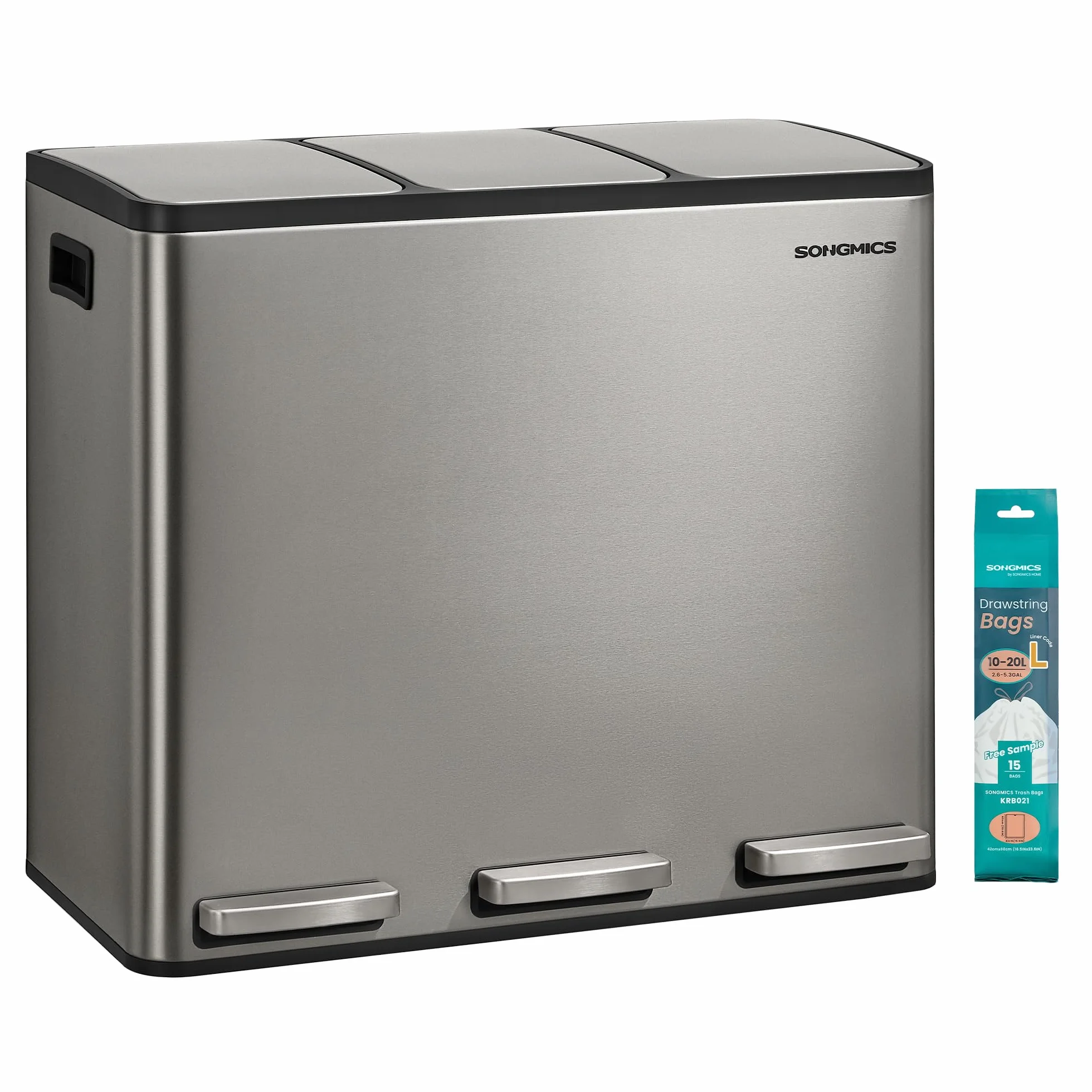 SONGMICS Pattumiera Cucina 3 x 18 L, Cestino per Raccolta Differenziata 3 Scomparti, 15 Sacchetti, Secchi Rimovibili, Coperchio, Maniglie, Chiusura Morbida, Acciaio Inox, Argento LTB254EZ01