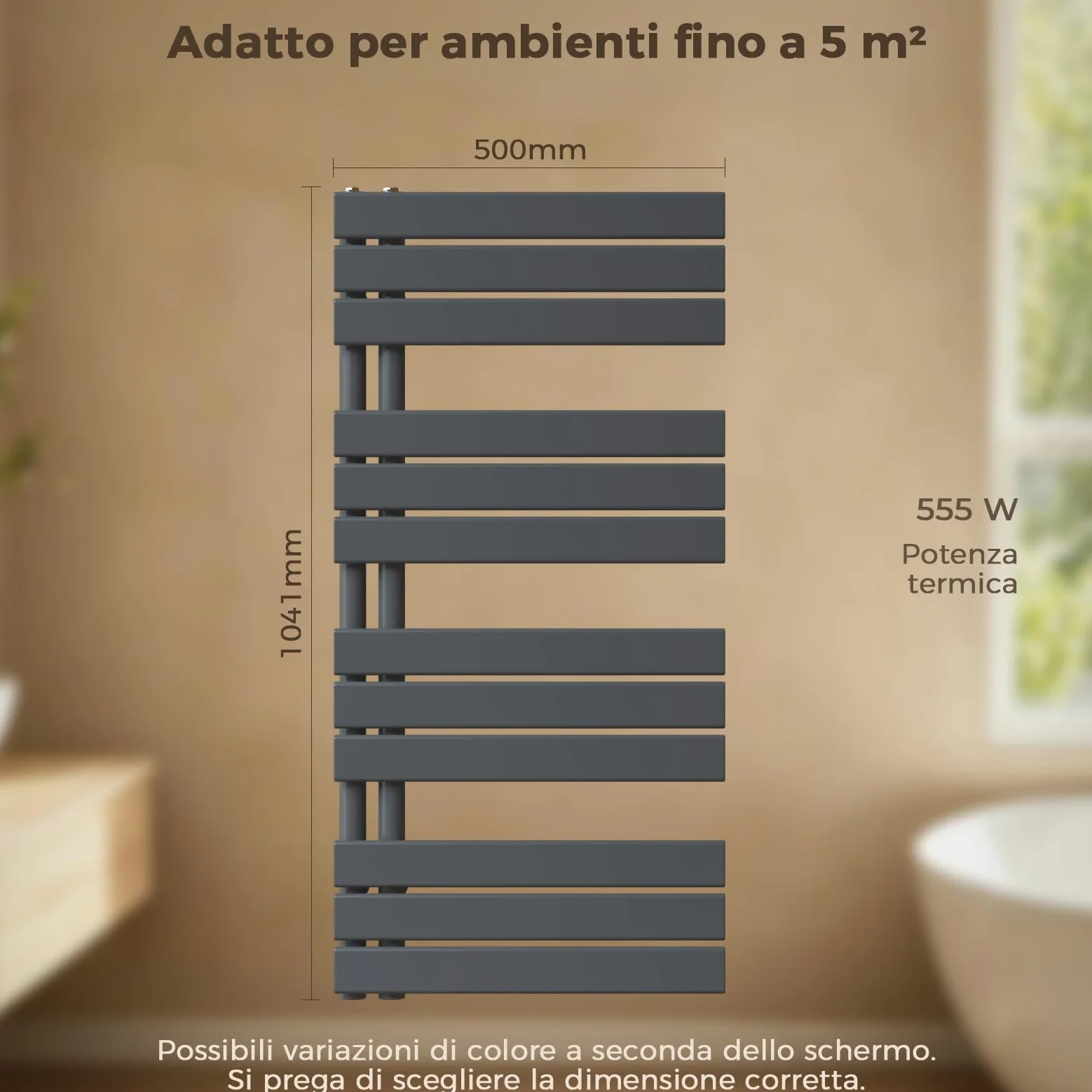 Radiatore design per bagno, radiatore scaldasalviette, grigio antracite, pannello piatto, Connessione centrale, 1041x500mm, radiatore per bagno, asciugatore per asciugamani, 555 Watt (Senza valvola)