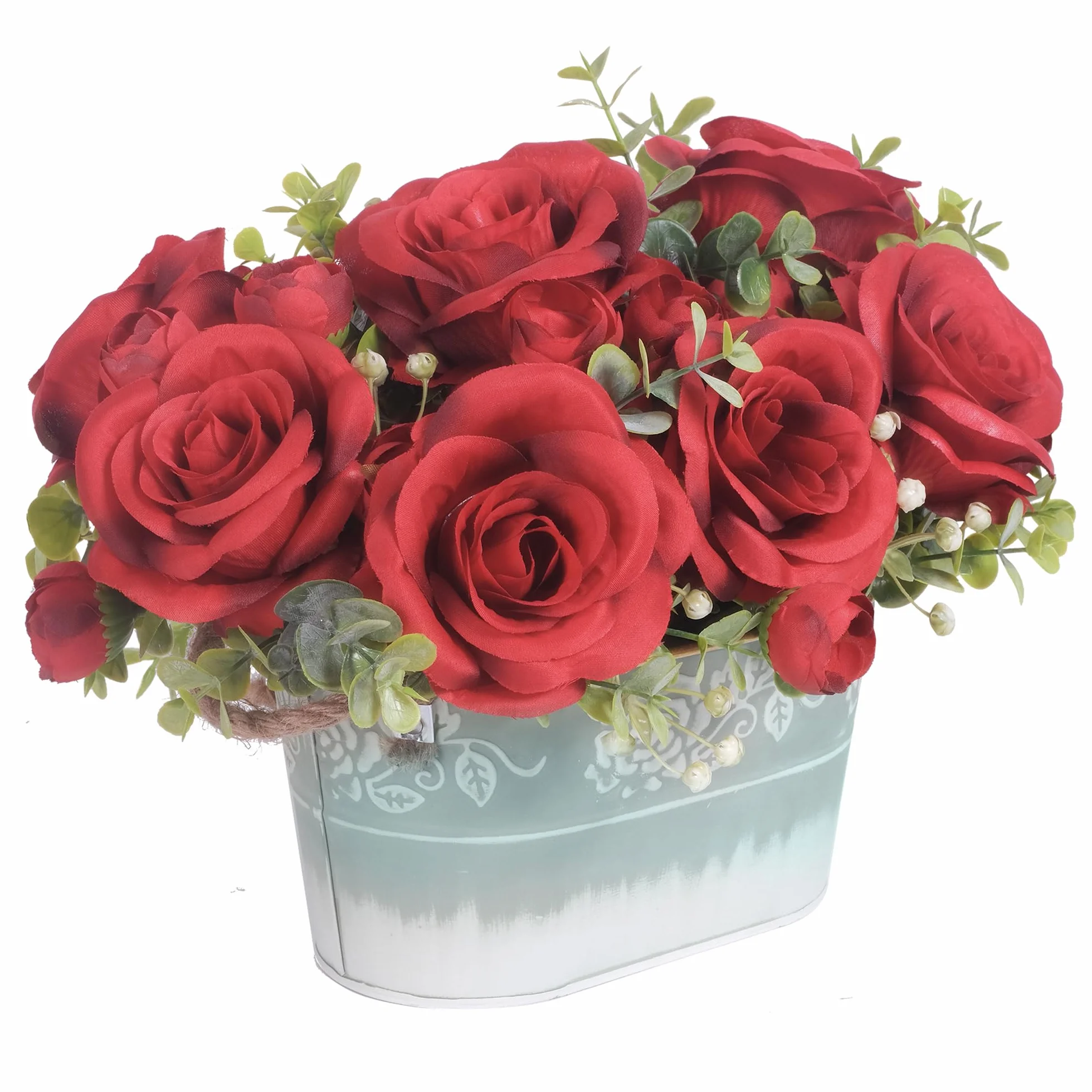Composizione di fiori artificiali di rosa rossa per centrotavola, fiori di seta con eucalipto in vaso di metallo zincato rustico con manici in iuta, espositore floreale finto per casa e ufficio