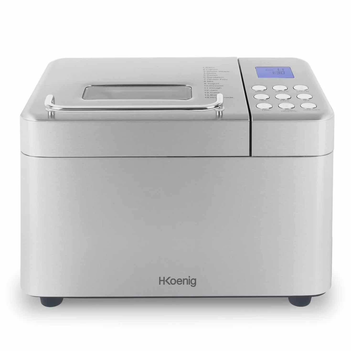 H.Koenig BAKE440 Macchina per il pane 15 programmi, fino a 1 kg di pane, marmellata, yogurt, avvio ritardato, keep warm, dispenser per cereali, ciotola antiaderente rimovibile, schermo LCD, 600W