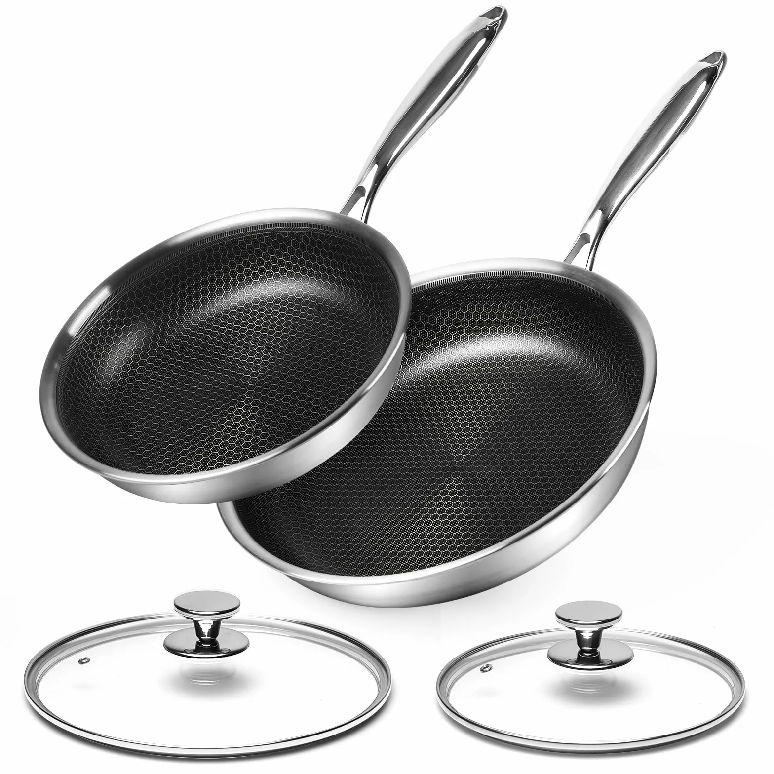 Innerwell Set di padelle Antiaderente 24/28 cm, 2 Pezzi Padella Acciaio Inox Induzione con Coperchio, Rivestimento a nido d'ape antigraffio, Padelle Adatte Per Forno, Universali Pentole, Senza PFOA