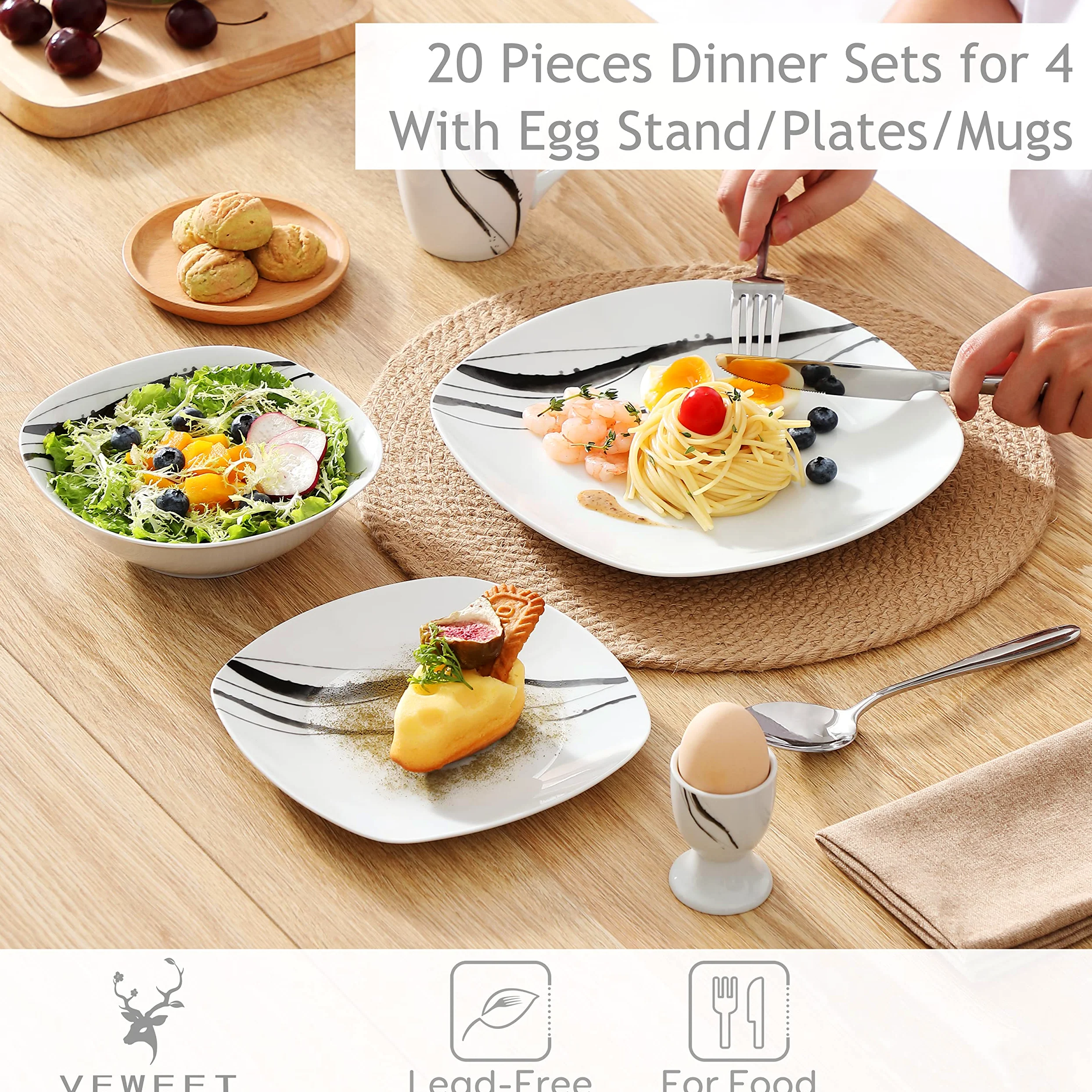 VEWEET TERESA Piatti Servizio in Porcellana Stoviglie Set 20 Pezzi con 4 Portauova, 4 Tazze Mugs 350 ml, 4 Ciotola per Cereali, 4 Piatti e 4 Piatti da Dessert per 4 Persone