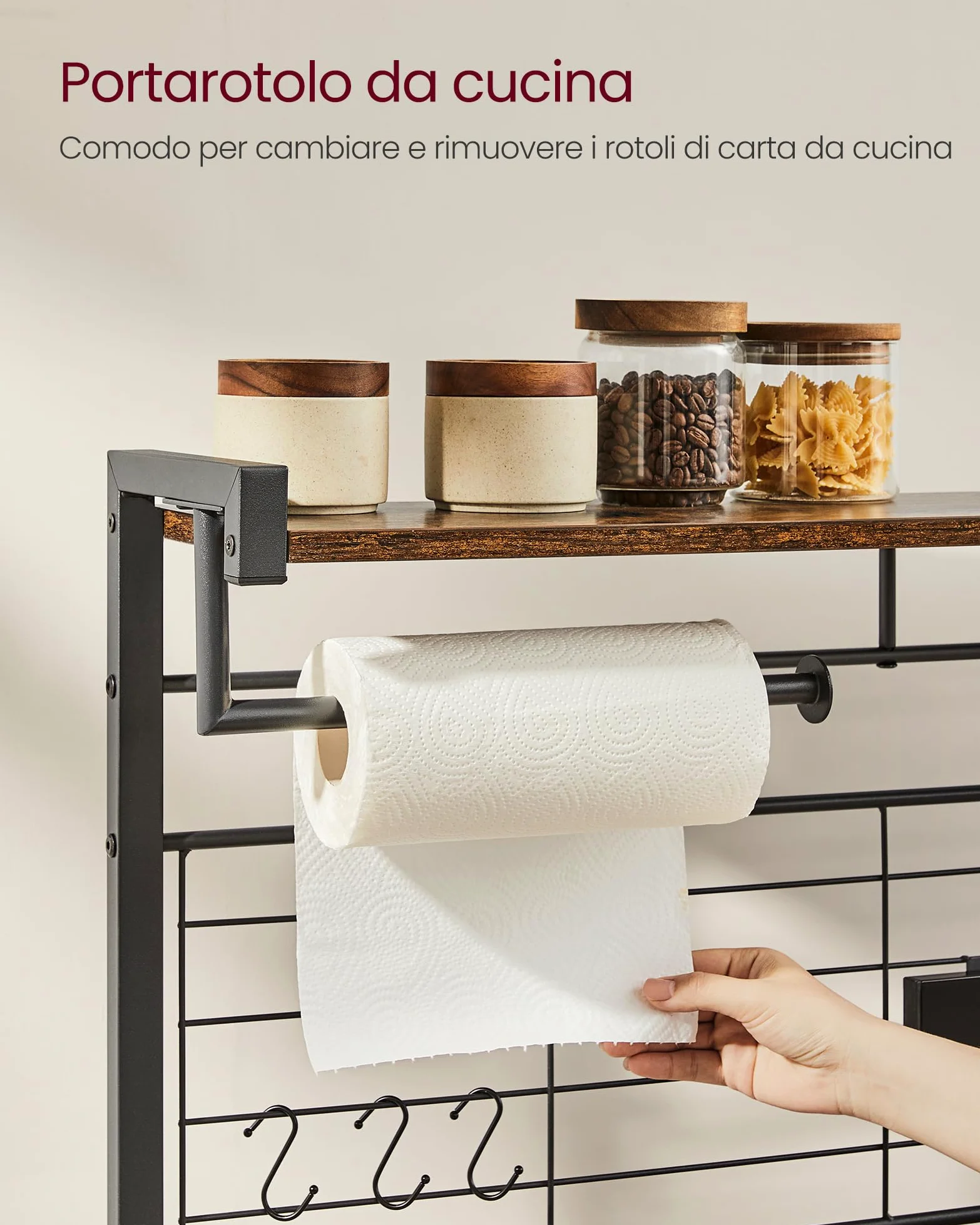 VASAGLE Scaffale Cucina, Scaffale per Microonde, Mobile Cucina con Portacoltelli Magnetico, Cestino, Portarotolo, 12 Ganci, Marrone Vintage e Nero KKS026B01