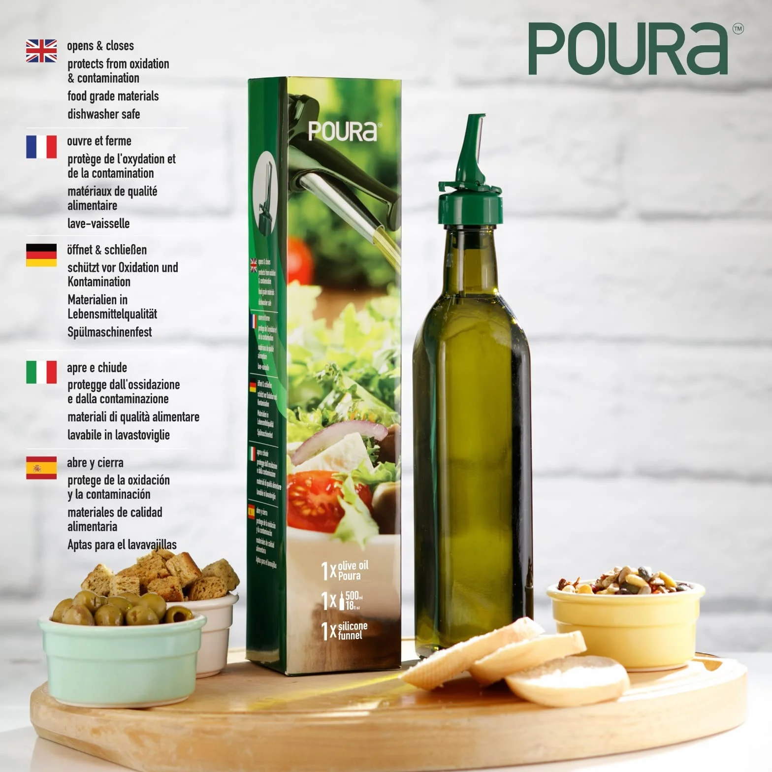 Poura Bottiglia Olio d'Oliva e Aceto Set Vetro 500 ml con Tappo Dosatore Salvagoccia ClickSeal e Imbuto Silicone