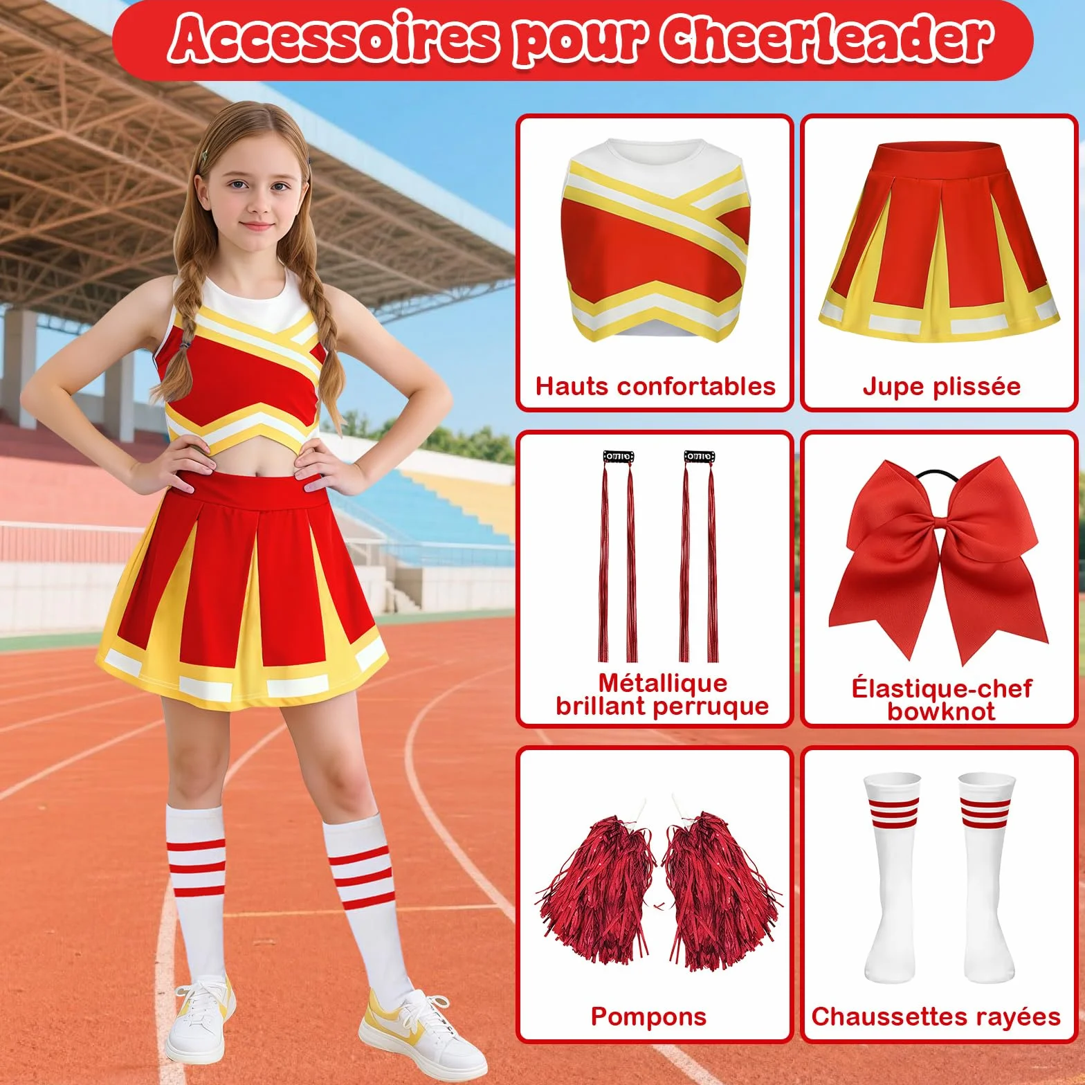 Costume Cheerleader per Bambina con Parrucca Brillante, Pompon e Fiocco per Carnevale Halloween