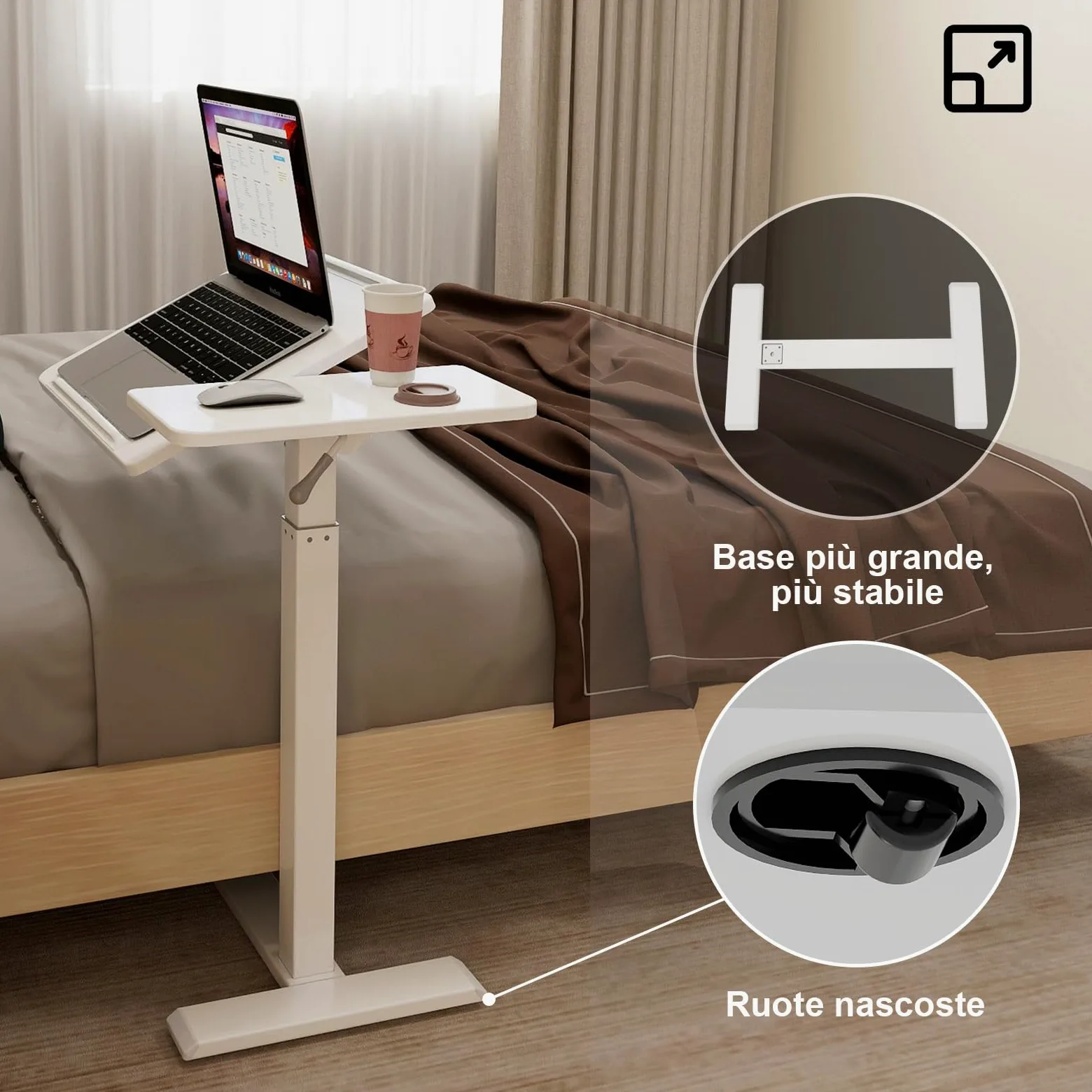 PUNCIA Tavolino da Laptop Scrivania per Computer 68x40 CM Regolabile in Altezza 70-102cm Tavolo da Letto con Ruote Tavolino Porte PC Porta Computer da Scrivania per Ufficio e Casa (Bianco)