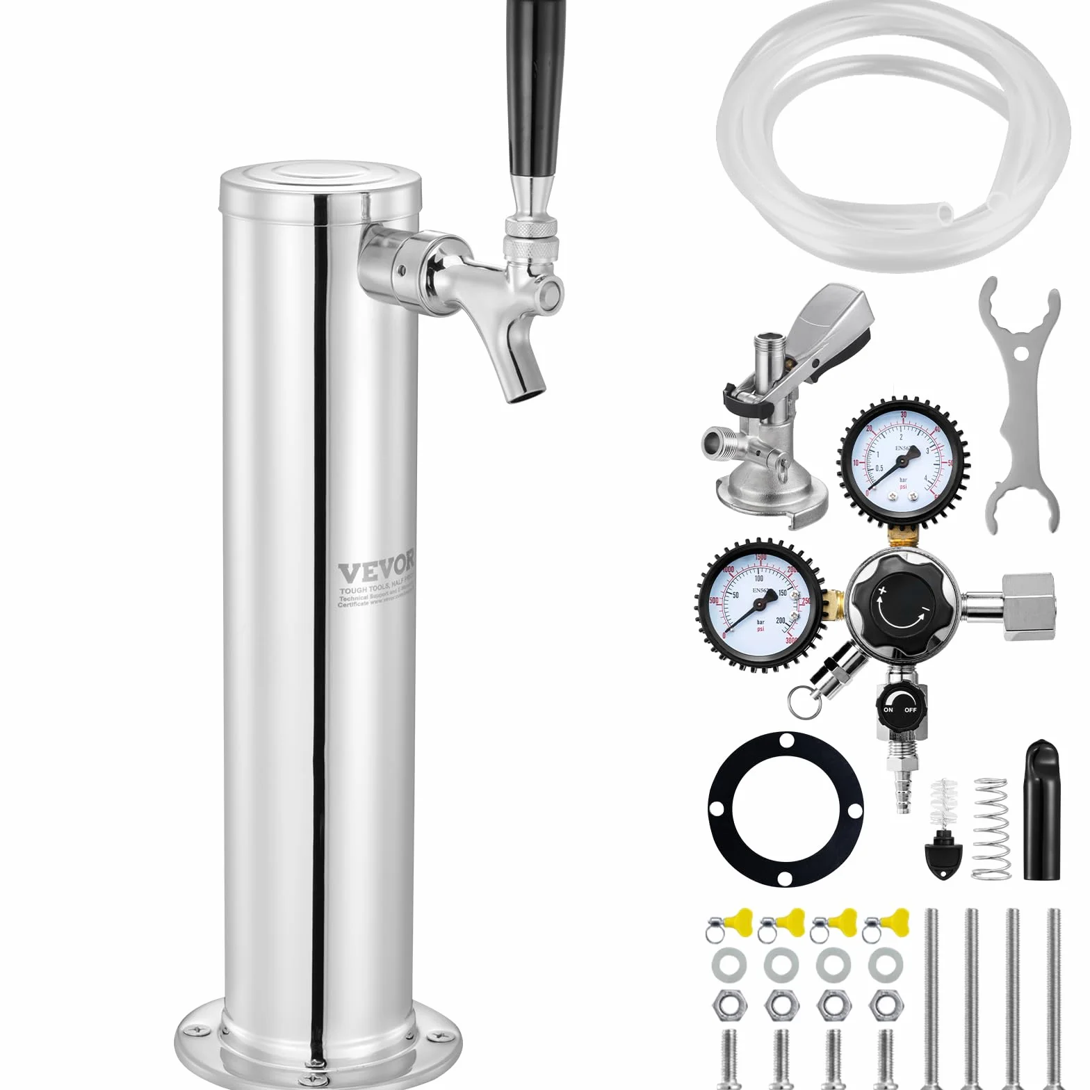 VEVOR Kit Colonna Birra a Rubinetto Singolo, Dispenser per Bevande Birra in Acciaio Inossidabile, Rubinetto Birra con Regolatore a Doppio Manometro W21.8, Accoppiatore per Fusti Sistema A