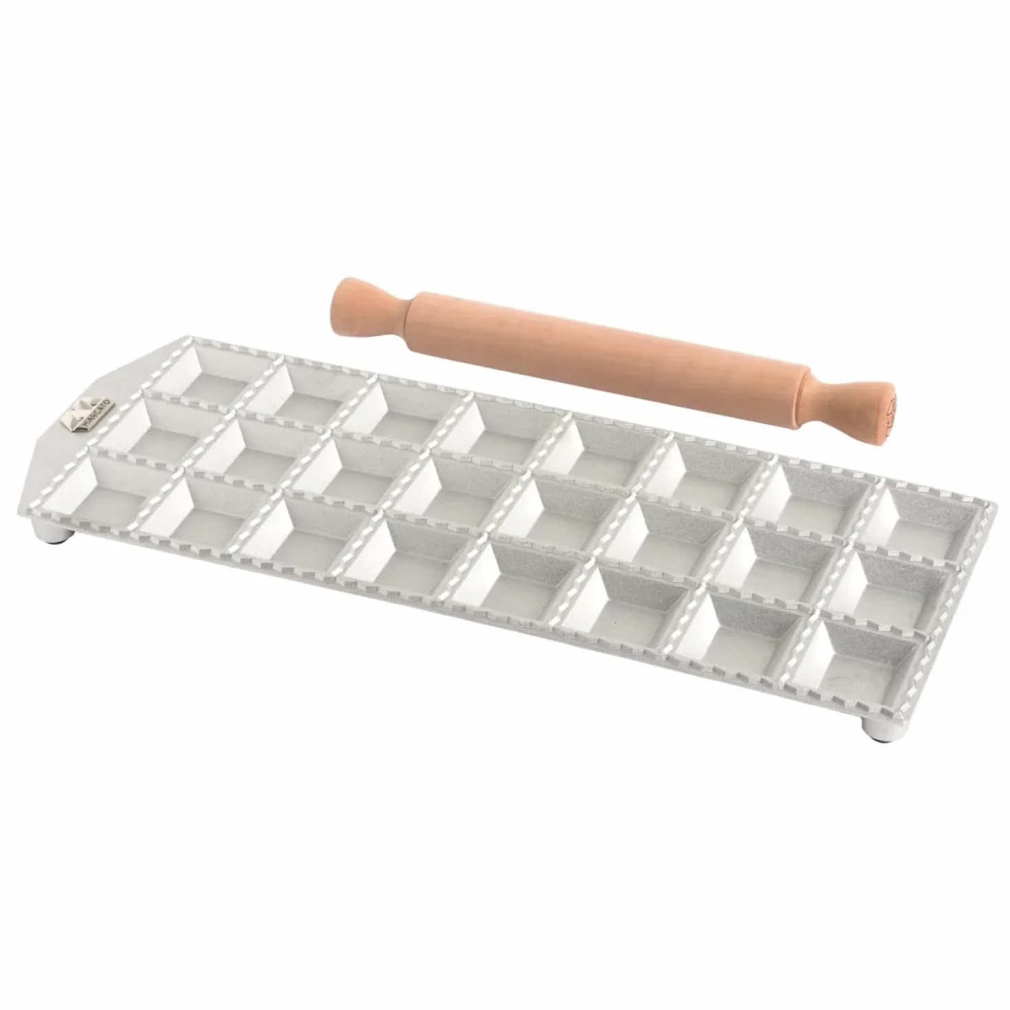 Marcato Stampo per Ravioli, Forme per Ravioli, Alluminio, Mattarello in Legno Incluso, RA-Q50X24-CLS