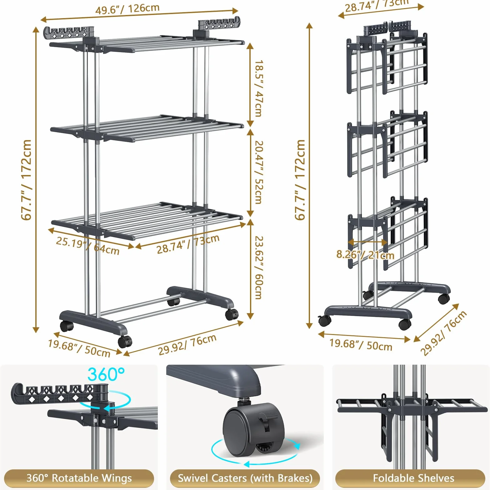 PurKeep Stendino a 4 Ripiani in Acciaio Inox con Ruote, Pieghevole a Torre, Salvaspazio Grigionero