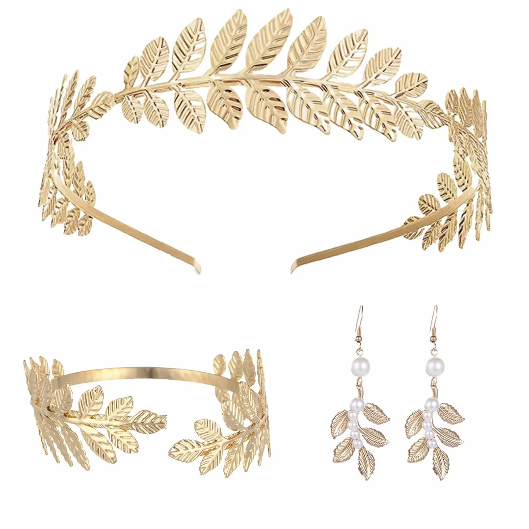 Corona Dea Tiara Orecchini Foglia Oro Perla Bracciali Boho Accessori per Capelli Foglie Corone Romane per Matrimonio