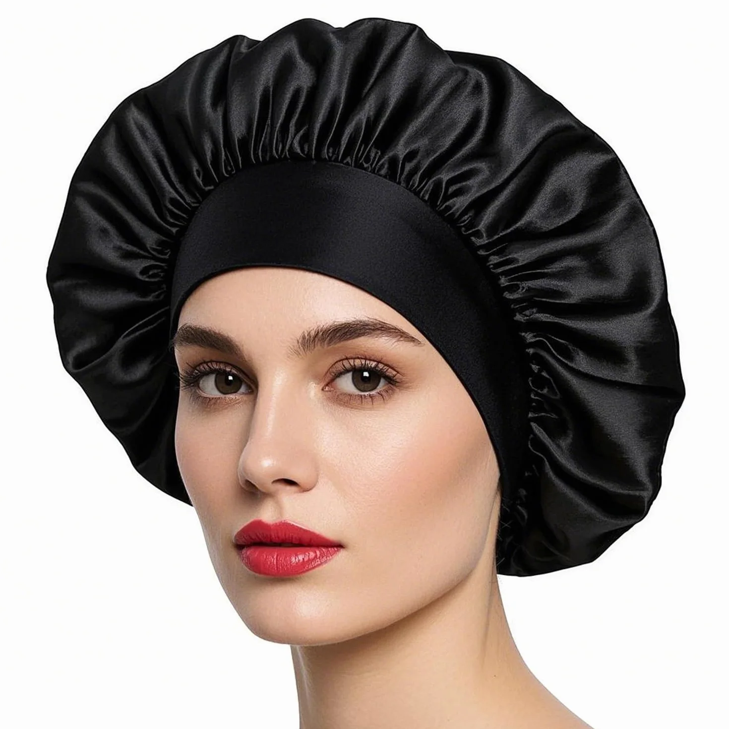 Cuffia Seta Capelli Ricci,Silk Bonnet,Berretto da Notte Raso Elastico per Dormire Cappello da Notte per Donna Berretto da Notte Raso per Donna Ragazza(Nero)