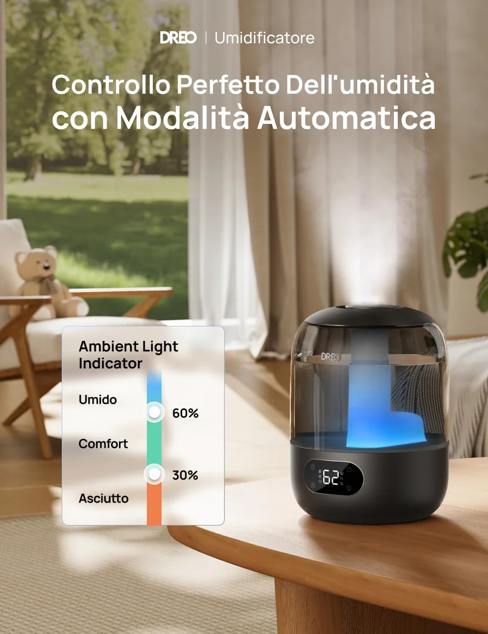 Dreo 3L Umidificatore Ambiente Bambini Silenzioso 26dB con Sensore di Umidità, Ultrasuoni Nebbia Fresca, Ugello 360°, 30h Autonomia, Diffusore Oli Essenziali, Luce Ambientale, per Casa e Piante, Nero