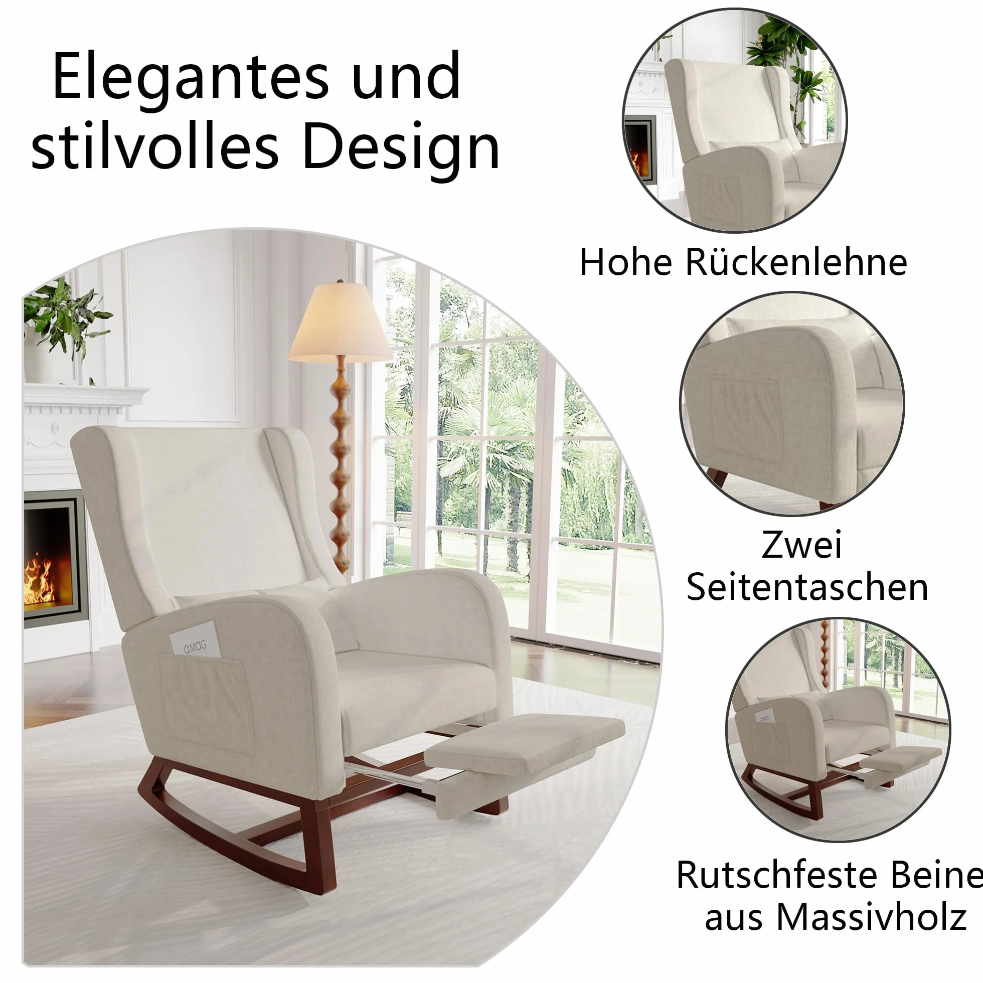 Generisch Sedia a dondolo con poggiapiedi estraibile, poltrona relax con schienale alto e cuscino lombare, poltrona con tasche laterali. Poltrona da lettura per soggiorno/camera da letto (lino, beige)