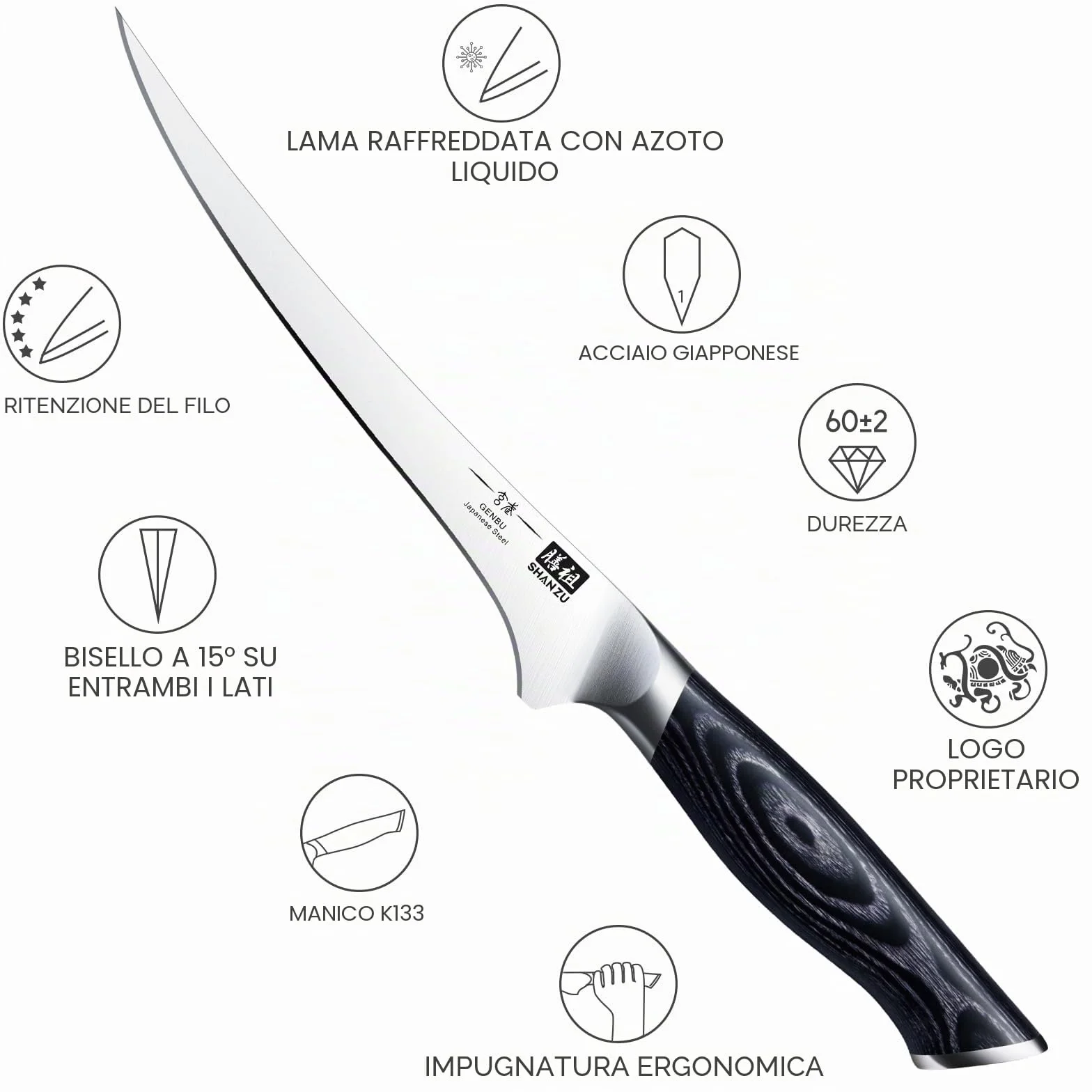 SHAN ZU Coltello per Filettare 18cm Coltelli da disosso Coltelli da intaglio Lama in Acciaio Inossidabile Ultra Affilata con Ergonomica K133 Impugnatura - Genbu Serie