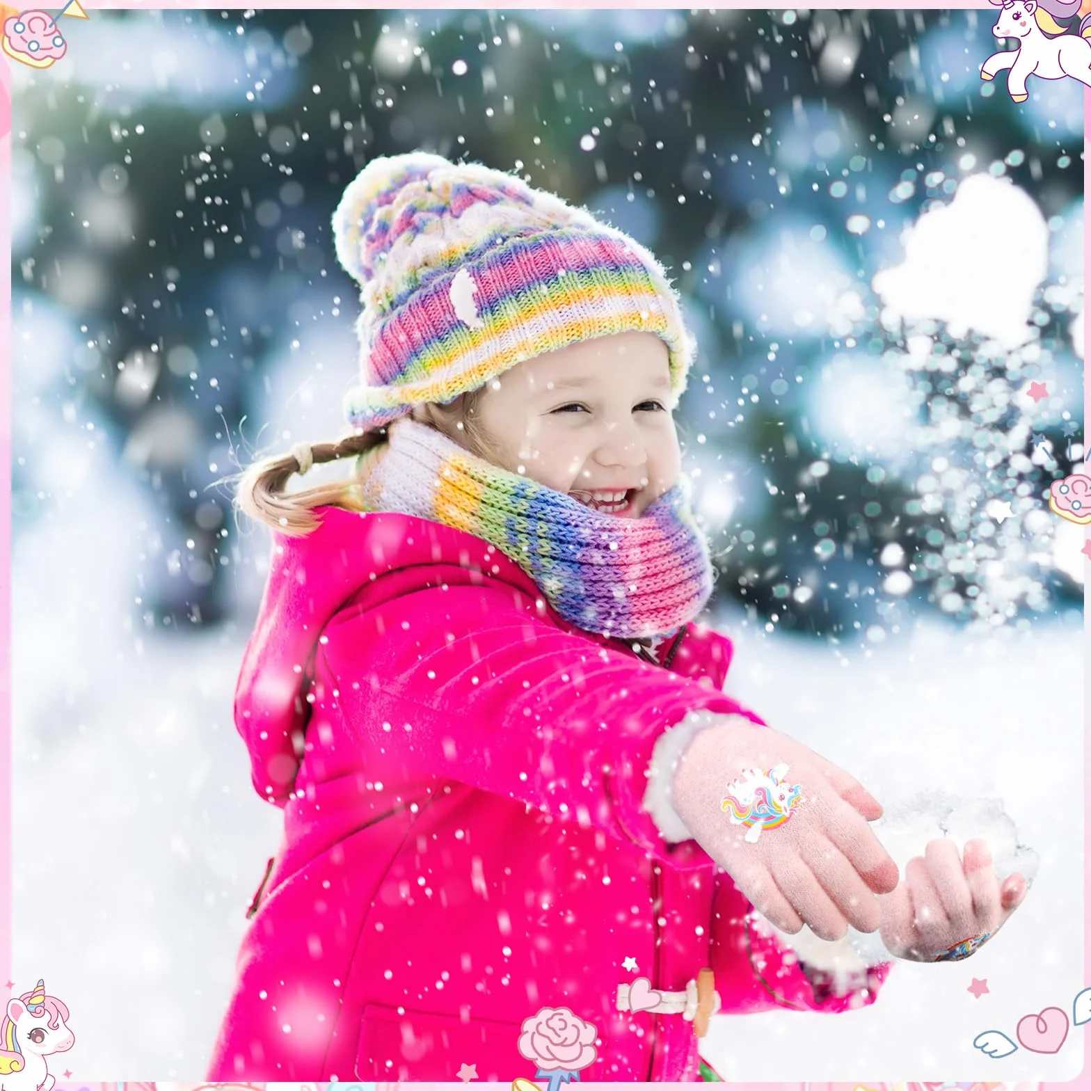 Guanti caldi in maglia per bambini, morbidi guanti termici elasticizzati invernali, muffole a dita intere con unicorno