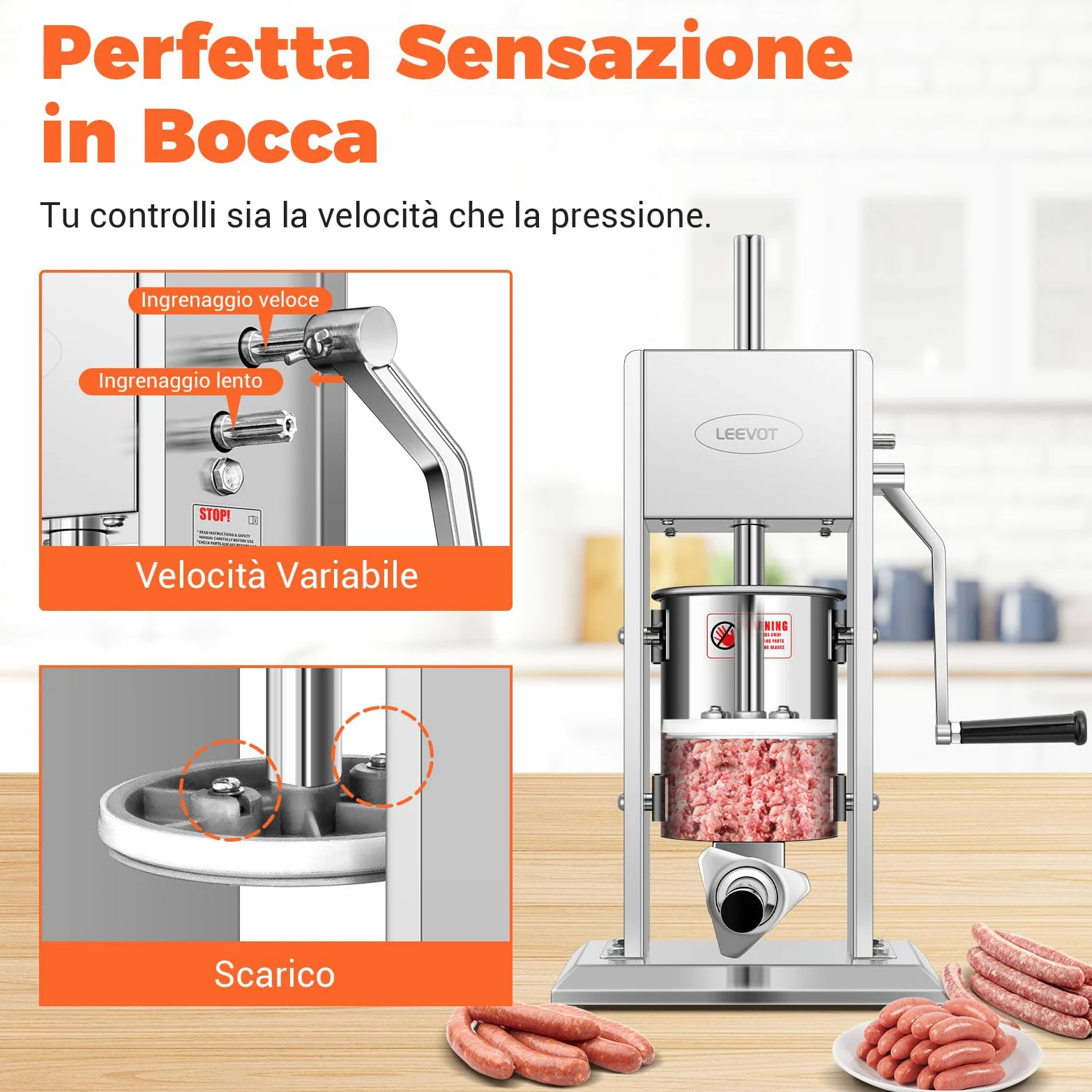 LEEVOT Insaccatrice per Salsicce 3L/7Lb, Acciaio Inossidabile 304, Macchina per Salsicce Regolabile a 2 Velocità, 4 Tubetti di Riempimento (Argento)
