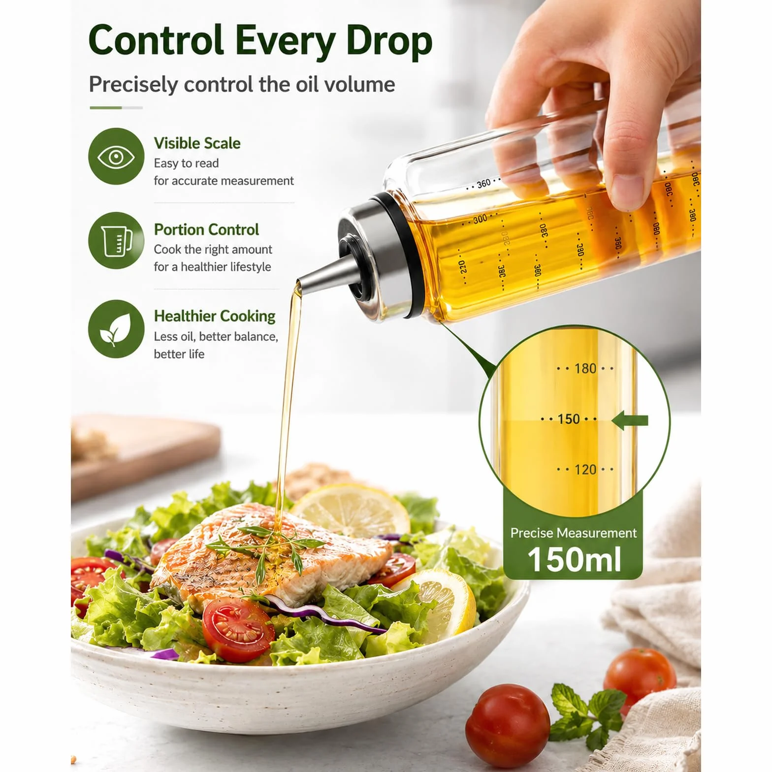 MHTECH Bottiglia per olio e aceto , corpo della bottiglia in vetro con scala, uscita dell'olio con funzione di apertura e chiusura automatica (300ml-zhizui)