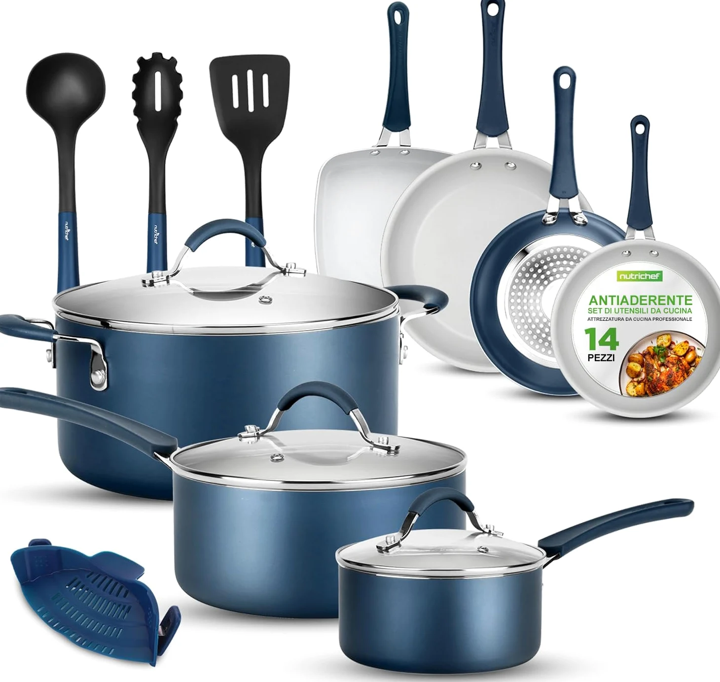 NutriChef Set di 14 Pentole e Padelle Antiaderenti, Set di Utensili da Cucina di Base di Alta Qualità, Padella Antiaderente, Alluminio, Blu