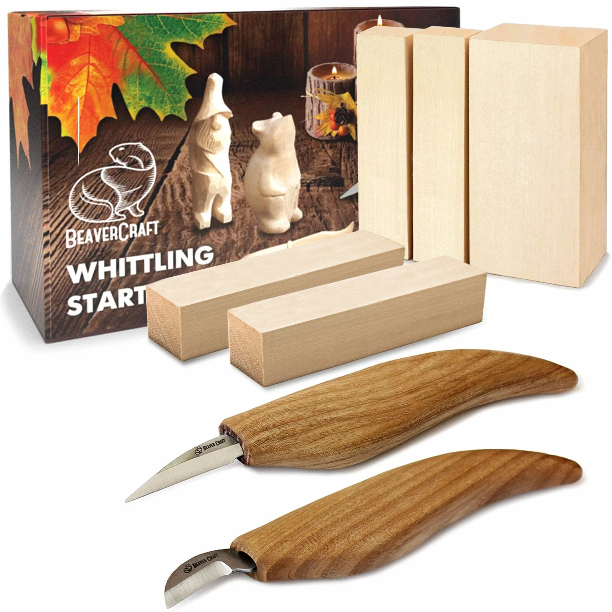 BeaverCraft Kit di Intaglio su Legno per Principianti S16 – Set di Scultura con Coltello Sloyd e Coltello da Incisione (Chip Carving), Blocchi di Tiglio per Intagliatori – Set di Strumenti da Intaglio