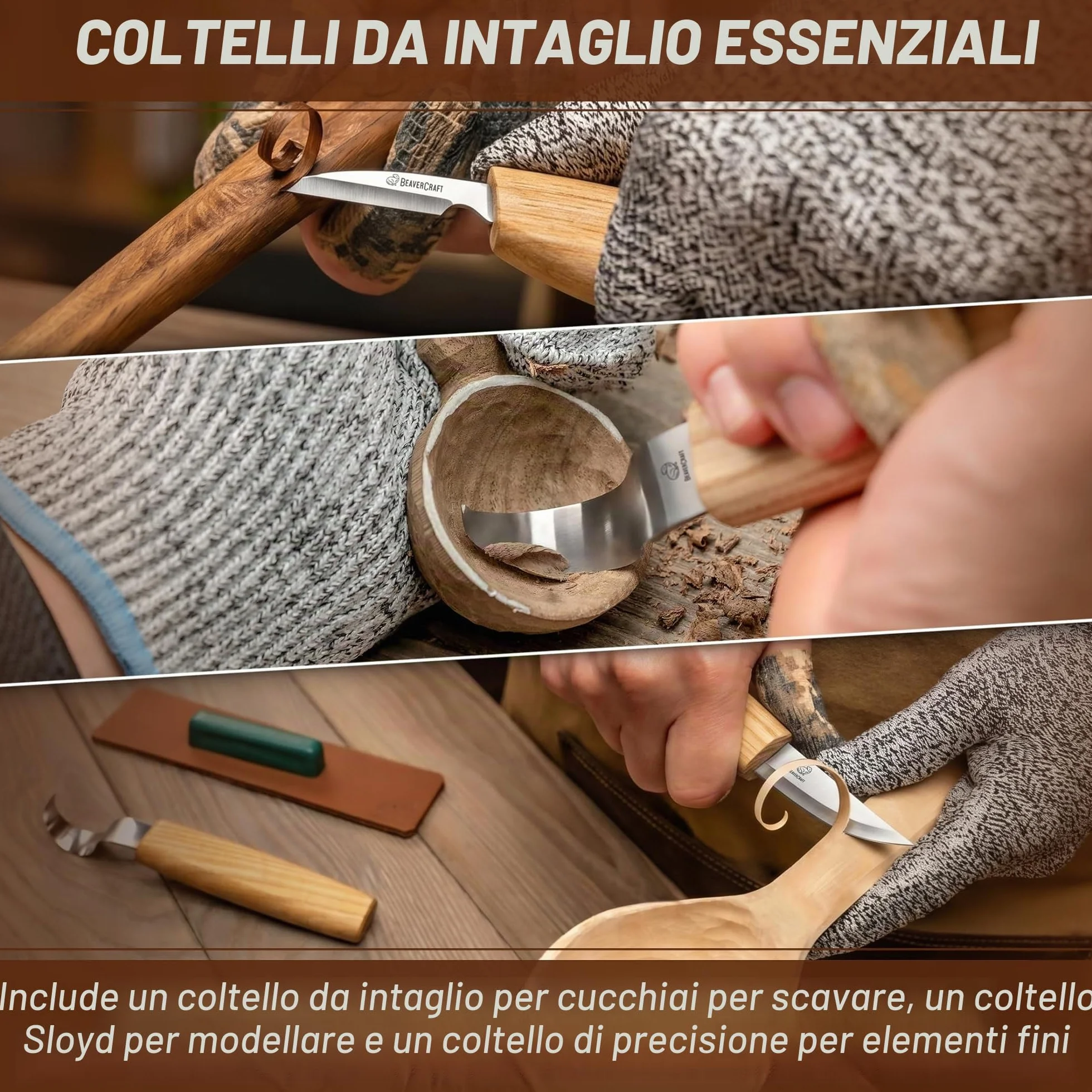 BeaverCraft S13 Kit per intaglio del legno con 3 coltelli - Set utensili per cucchiai, scultura e falegnameria, per principianti destrimani, con coltello a uncino