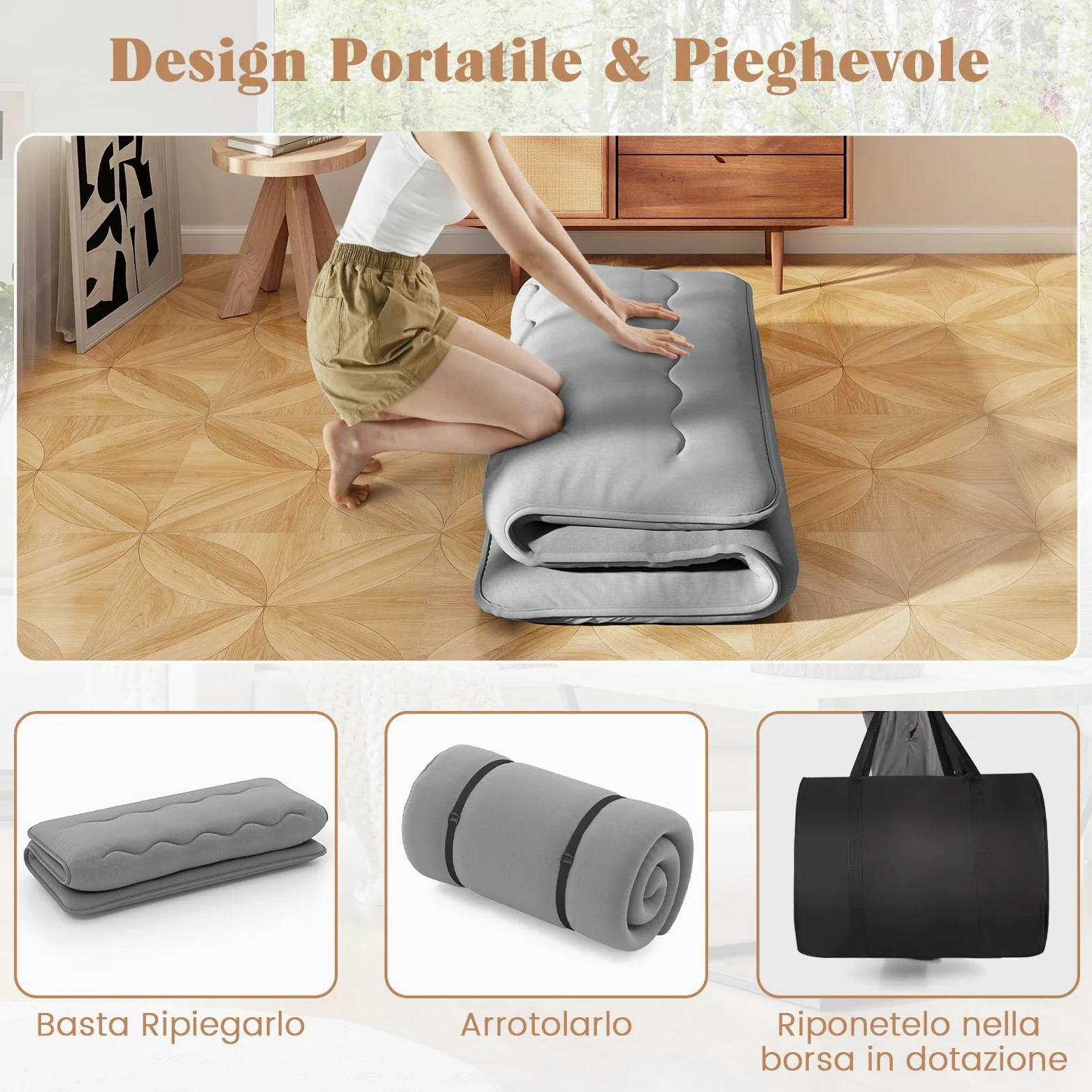 COSTWAY Materasso Futon Pieghevole, Materasso Portatile con Sacca da Trasporto per Camping, Materasso da Terra con Copertura Lavabile (Grigio,200 x 140 cm)