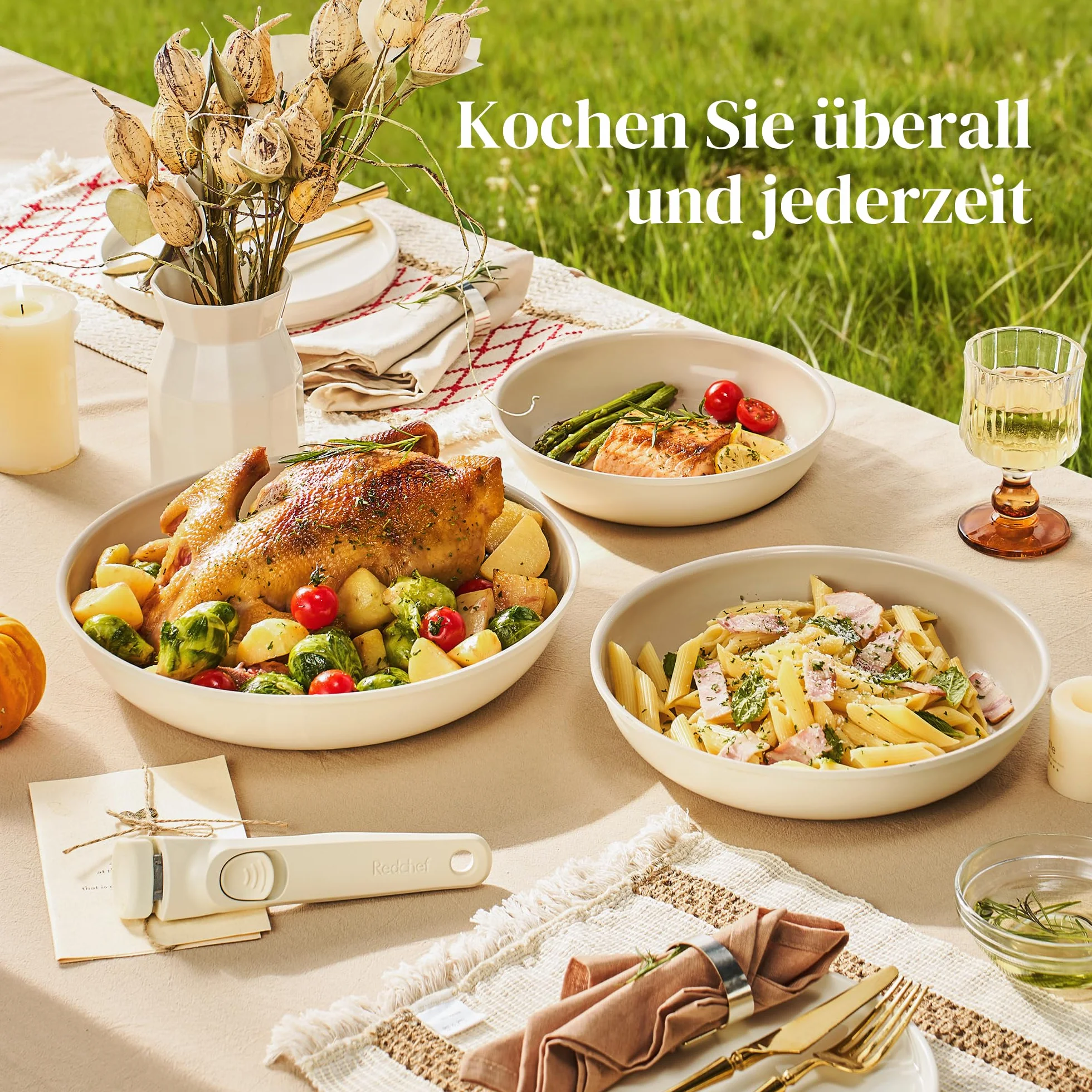Redchef Set di Padelle con Manico Rimovibile, Padella in Ceramica con Antiaderente in Granito, Adatto All’Induzione, Padella 20, 24, 28 cm, Salvaspazio, Senza Ptfe & Pfoa & Pfas, Beige