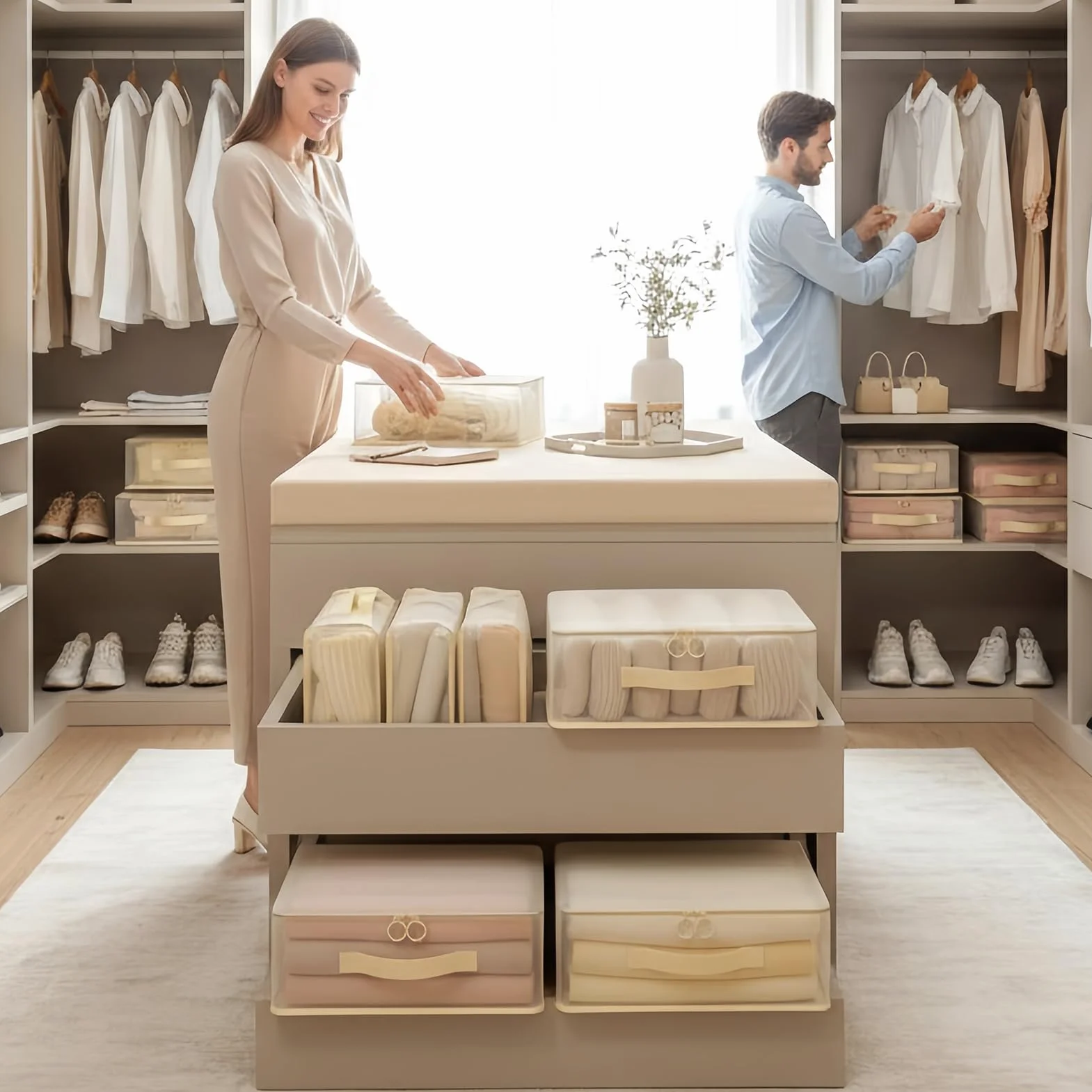 Organizzatore 'armadio Dei Vestiti | 5 Sacchetti Trasparenti Con Manici 40x30x19 Cm Poliestere - Organizzatore Per Lenzuola, Coperte, Piumini, Cuscini, Casa