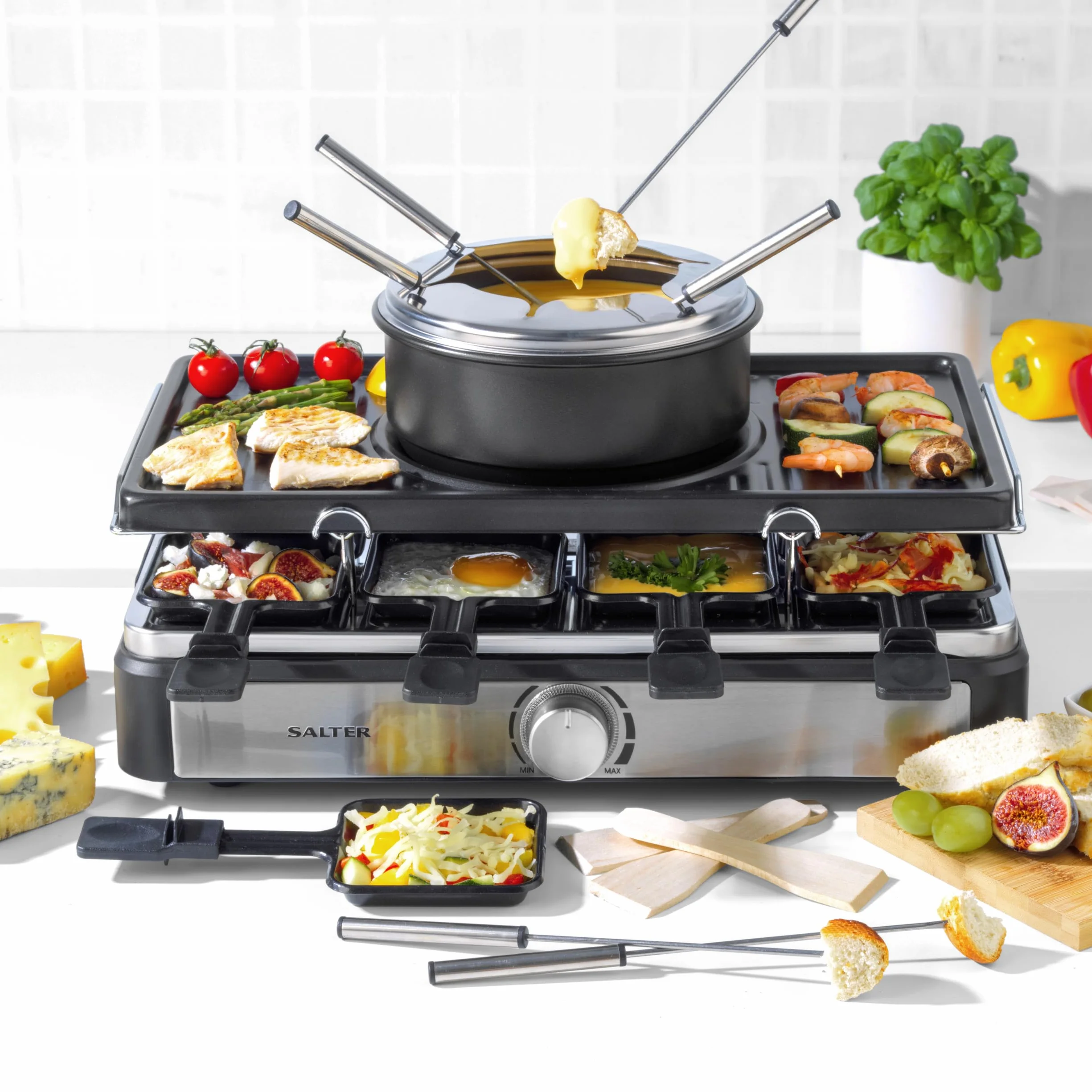 Salter Electric Raclette Grill & Fondue - 2 in 1 Griglia da Interno, Pentola per Sciogliere da 1,3L, Fonduta di Formaggio, 6 Forchette, Temperatura Regolabile, 8 Padelle e Spatole Antiaderenti