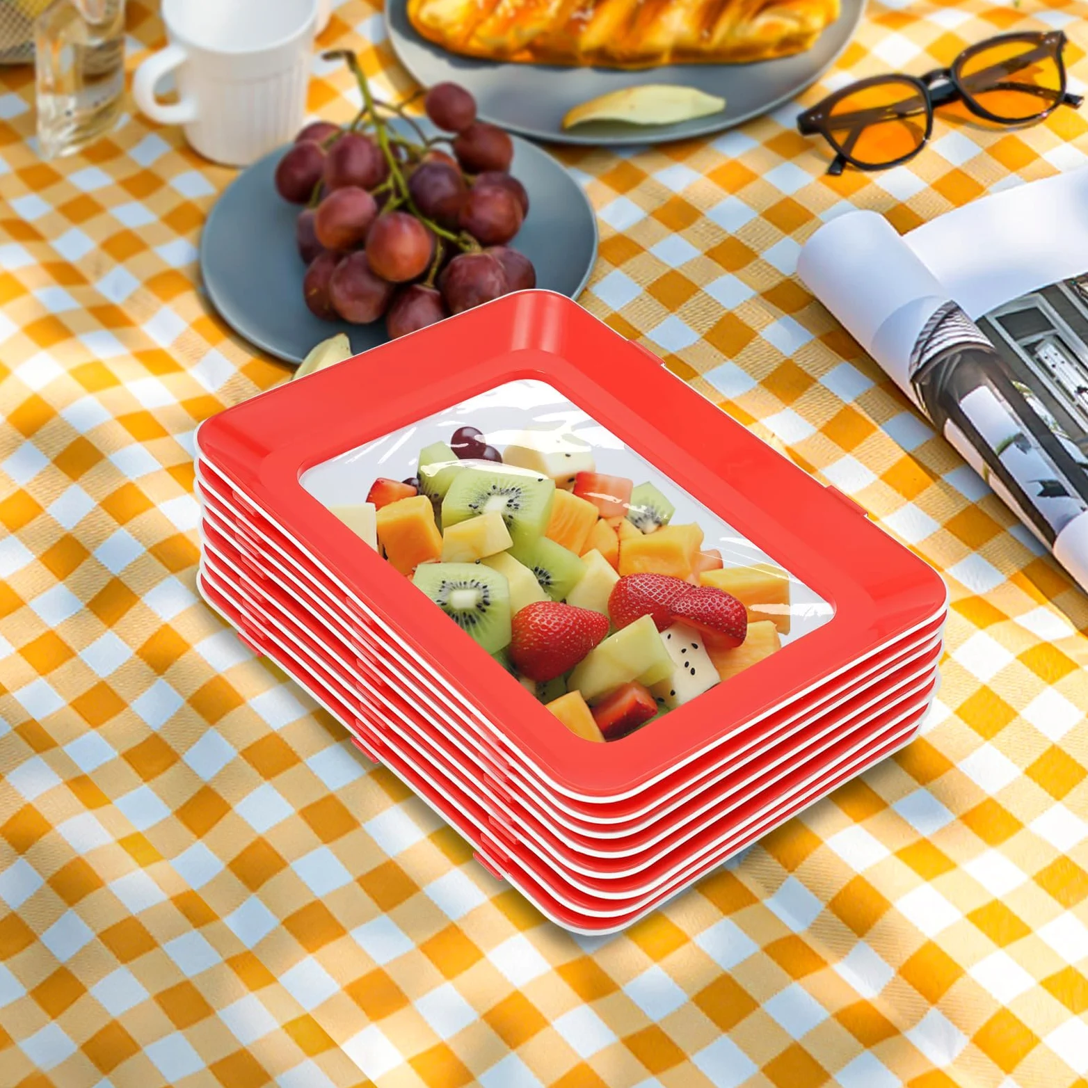Set di 8 vassoi con pellicola elastica, riutilizzabili, impilabili, per conservare alimenti, 30 x 22 x 3 cm