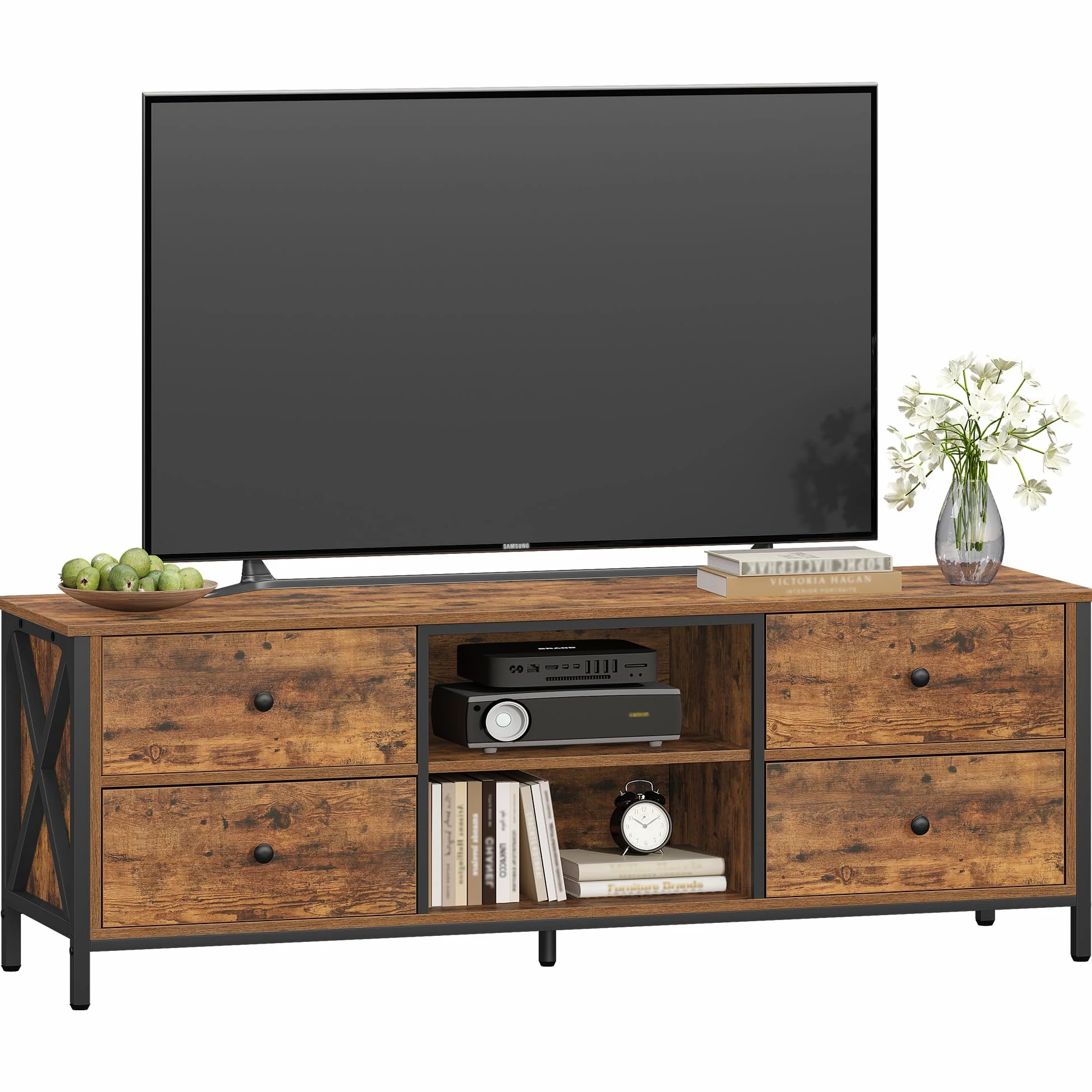 Hzuaneri Mobile TV, tavolino porta TV a 4 cassetti, adatto per TV fino a 165 cm, con 2 vani aperti, 40 x 147 x 50 cm, adatto per soggiorni, camere da letto e sale da pranzo, marrone vintage TV16801B