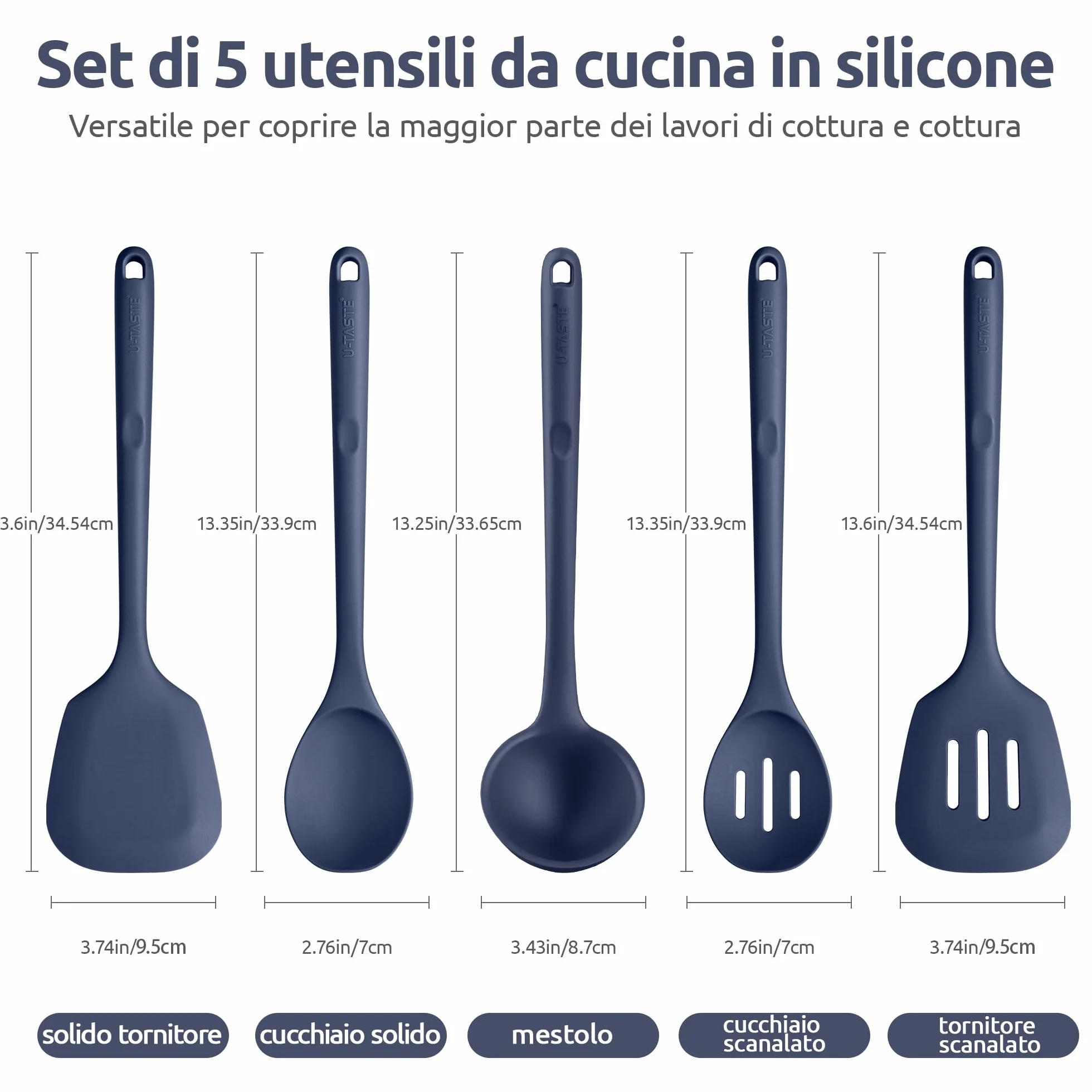 U-Taste Utensili da cucina in silicone extra lunghi 315℃, Spatole, cucchiai e mestolo antiaderente (5 Pz, Blu notte)