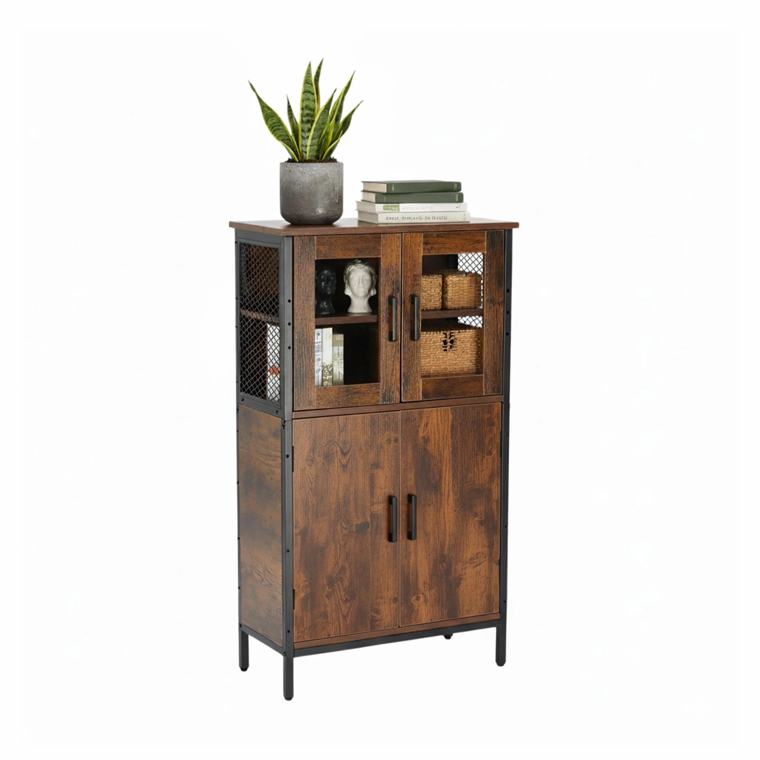 Relaxdays Armadio da Cucina Industrial, Armadio Alto con Ante in Vetro H 108x60x30 cm, vetrina Slim, Legno Marrone