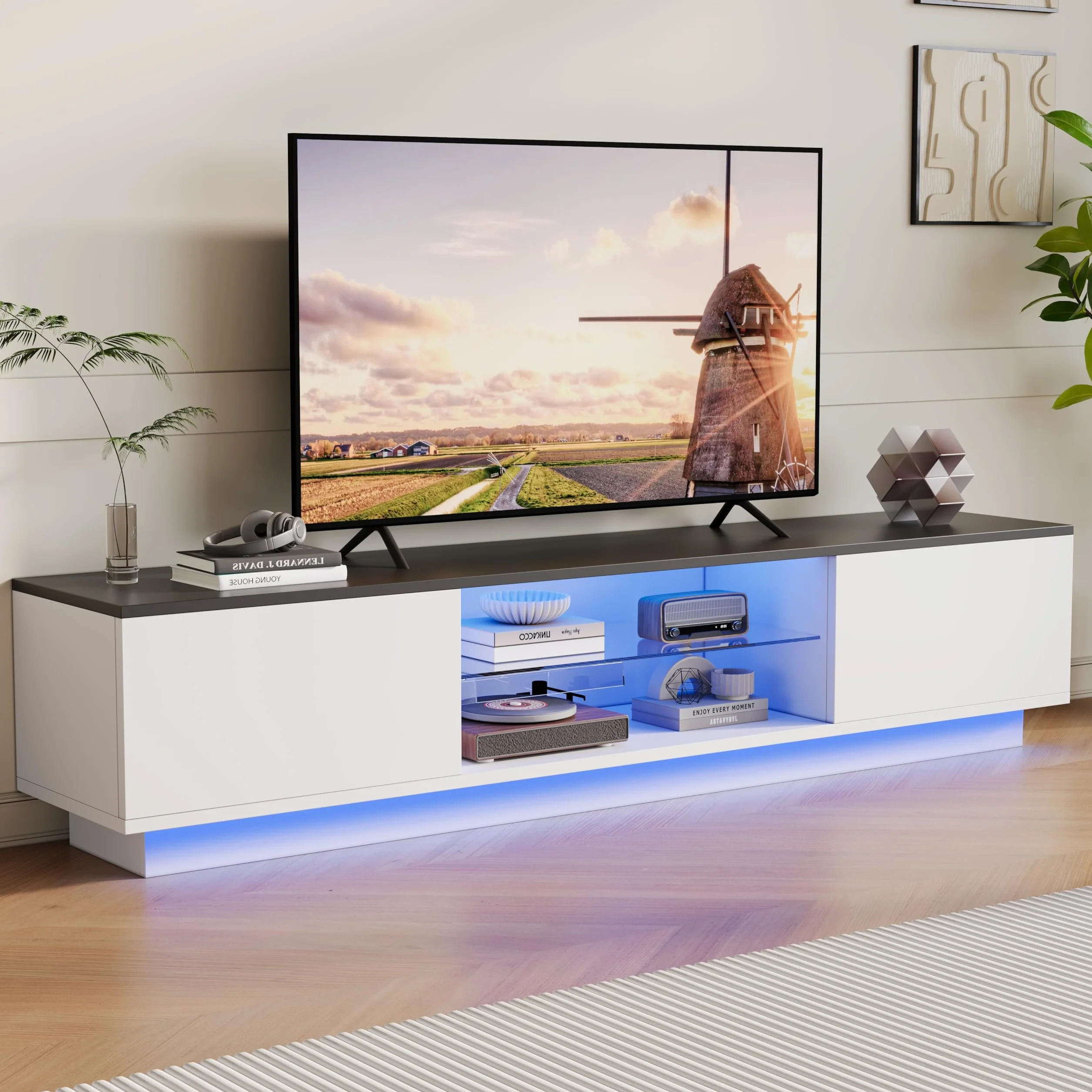 Mobile porta TV LED 160 cm, mobile per TV, mobile per TV, moderna credenza TV in legno con 2 scomparti portaoggetti, basso mobile soggiorno, mobile soggiorno (bianco, 3 (160 cm))