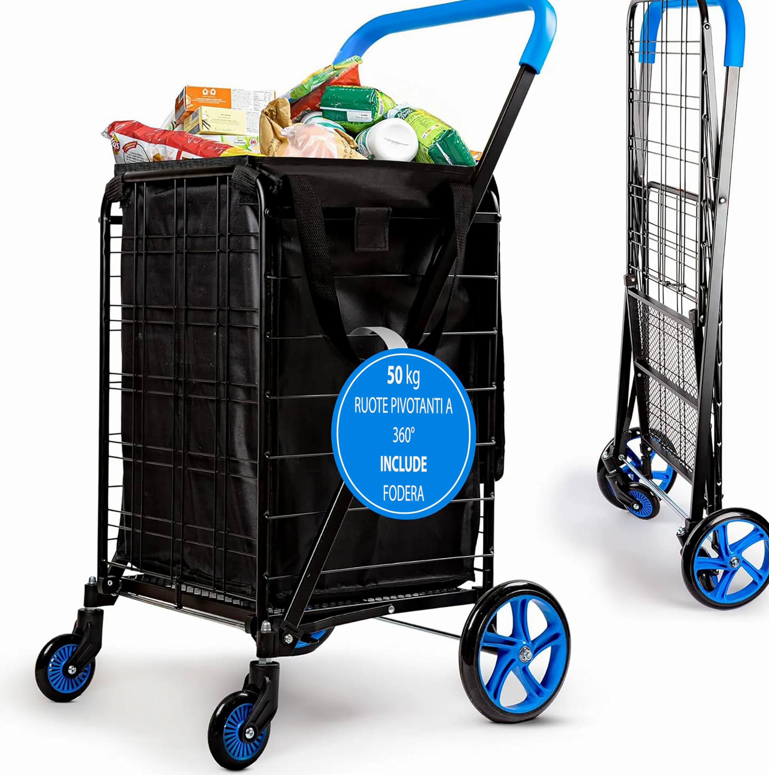 SereneLife Carrello Spesa Grande 50 kg, 48,2x57,6x104,2 cm, Carrellino con Ruote Portatutto 360°, Pieghevole con Sacca Rimovibile, Blu