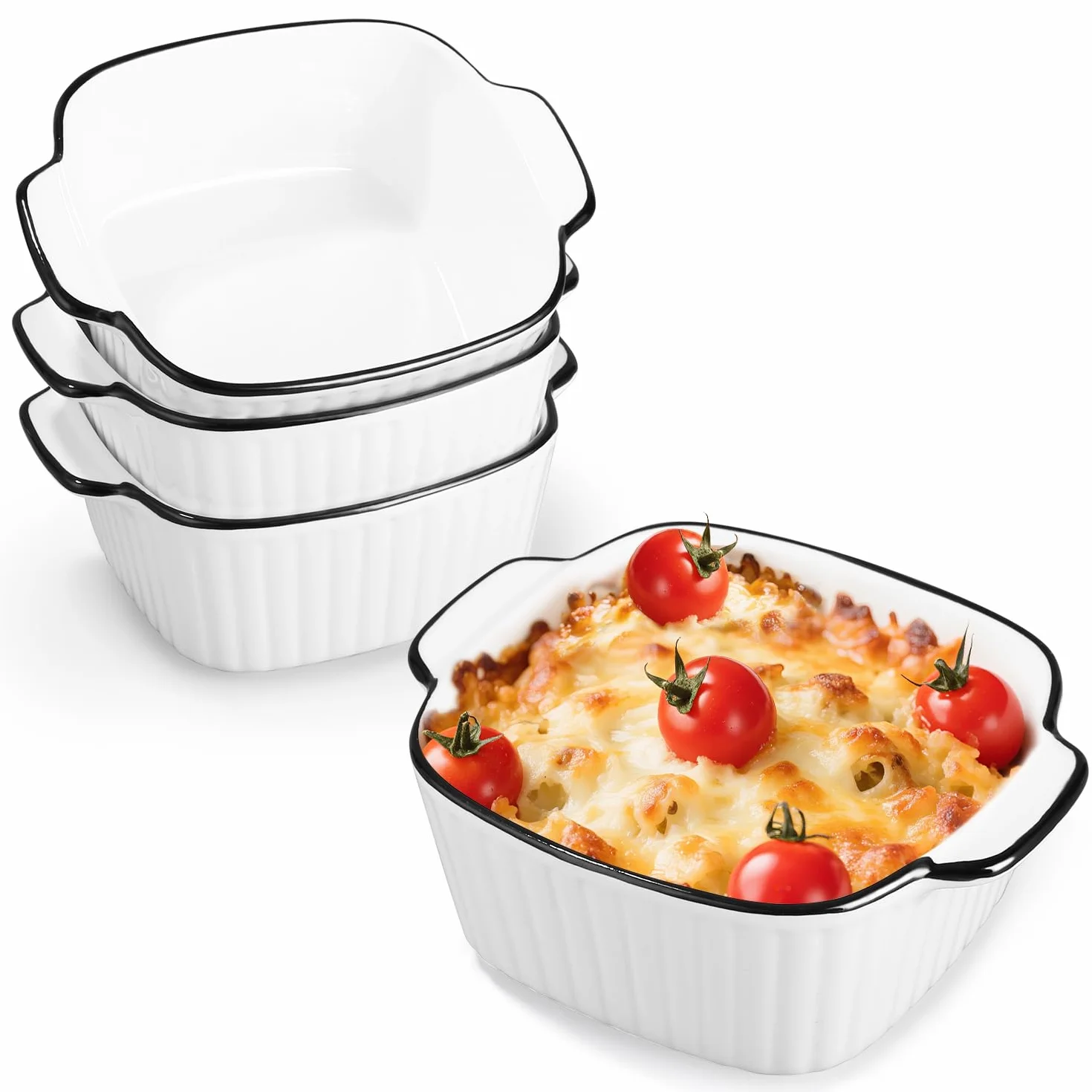 4 Pezzi Kit Piccole Pirofila da Forno, 400ML Set Teglie da Forno in Ceramica, 14.5 x 11.5 x 5.5 cm Piatti da Forno Quadrati, Pirofile da Forno in Ceramica con Manici, per Airfryer, Forno e Microonde