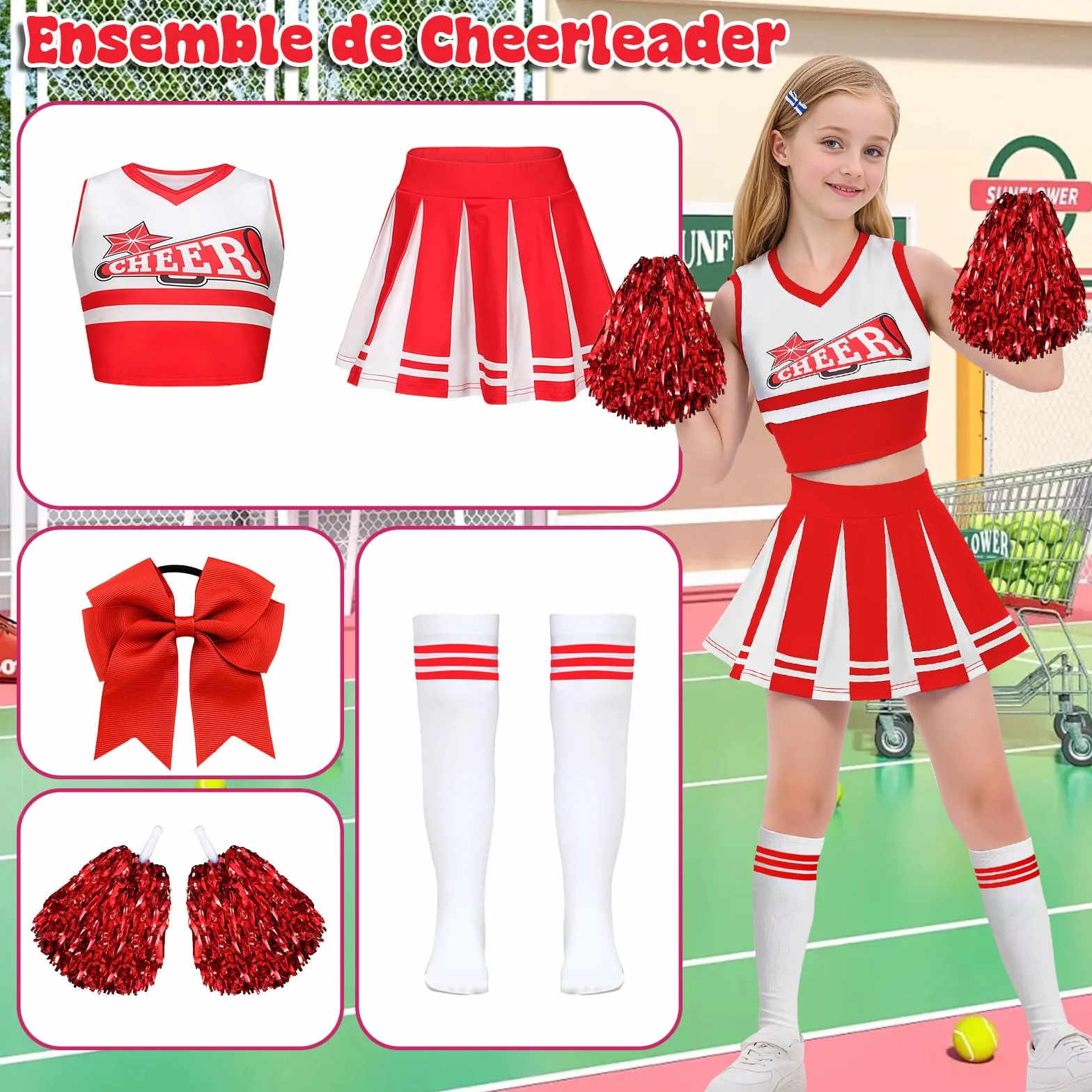 Luckyou Costume Cheerleader Bambina con Pompoms Calze Halloween