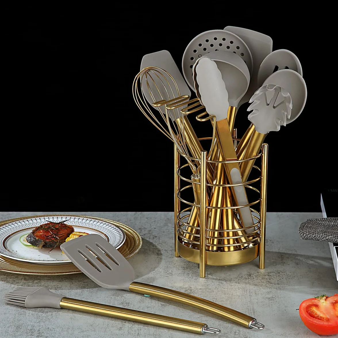 Berglander Set di utensili da cucina dorati 38 pezzi in silicone antiaderente, set di spatole a cucchiaio con robusto supporto per utensili in acciaio inossidabile
