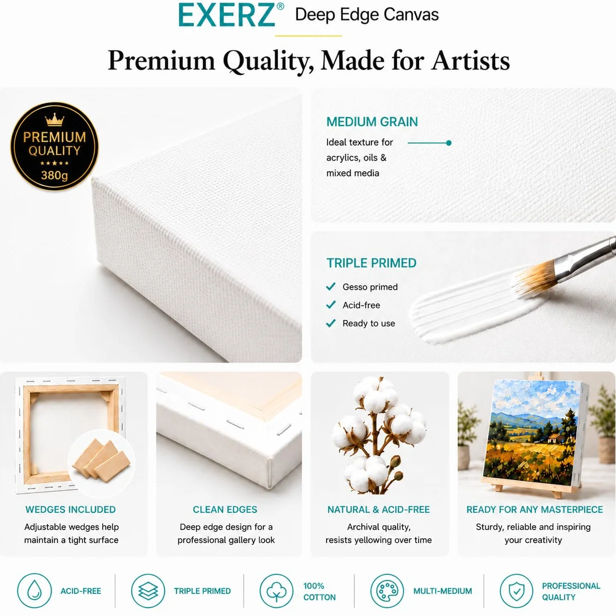 Exerz Tele intelaiate 4 Pezzi 40x50cm 3,8cm Spessore Bordo Profondo / 380GSM/ Prestirato 100% Cotone/Imprimitura/Triplo Innescato/Acido Libero/A Grana Media/Acrilici, Pittura ad Olio