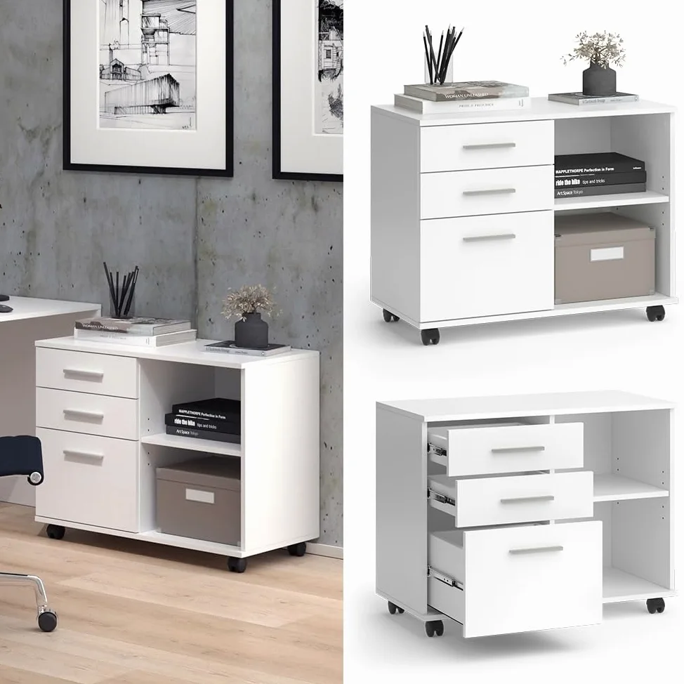 Vicco Piedistalli mobili Delf, Bianco, 40 x 80 cm con 3 cassetti, utilizzabile in modo flessibile con ruote per un facile cambio di posizione