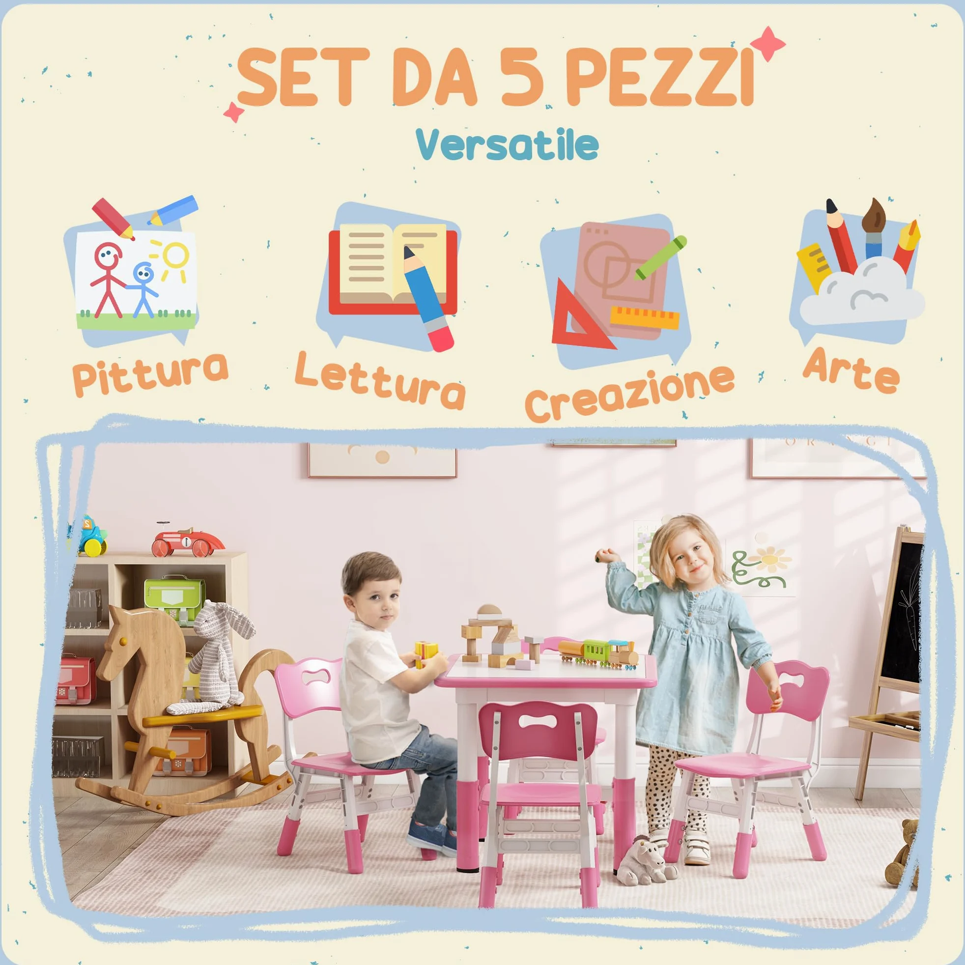 AIYAPLAY Set Tavolino e Sedie per Bambini 18-60 Mesi, Design Salvaspazio, Altezza Regolabile, Tavolo per Bambini con Lavagna per Cameretta, in Legno e PP, per 4 Bambini, Rosa