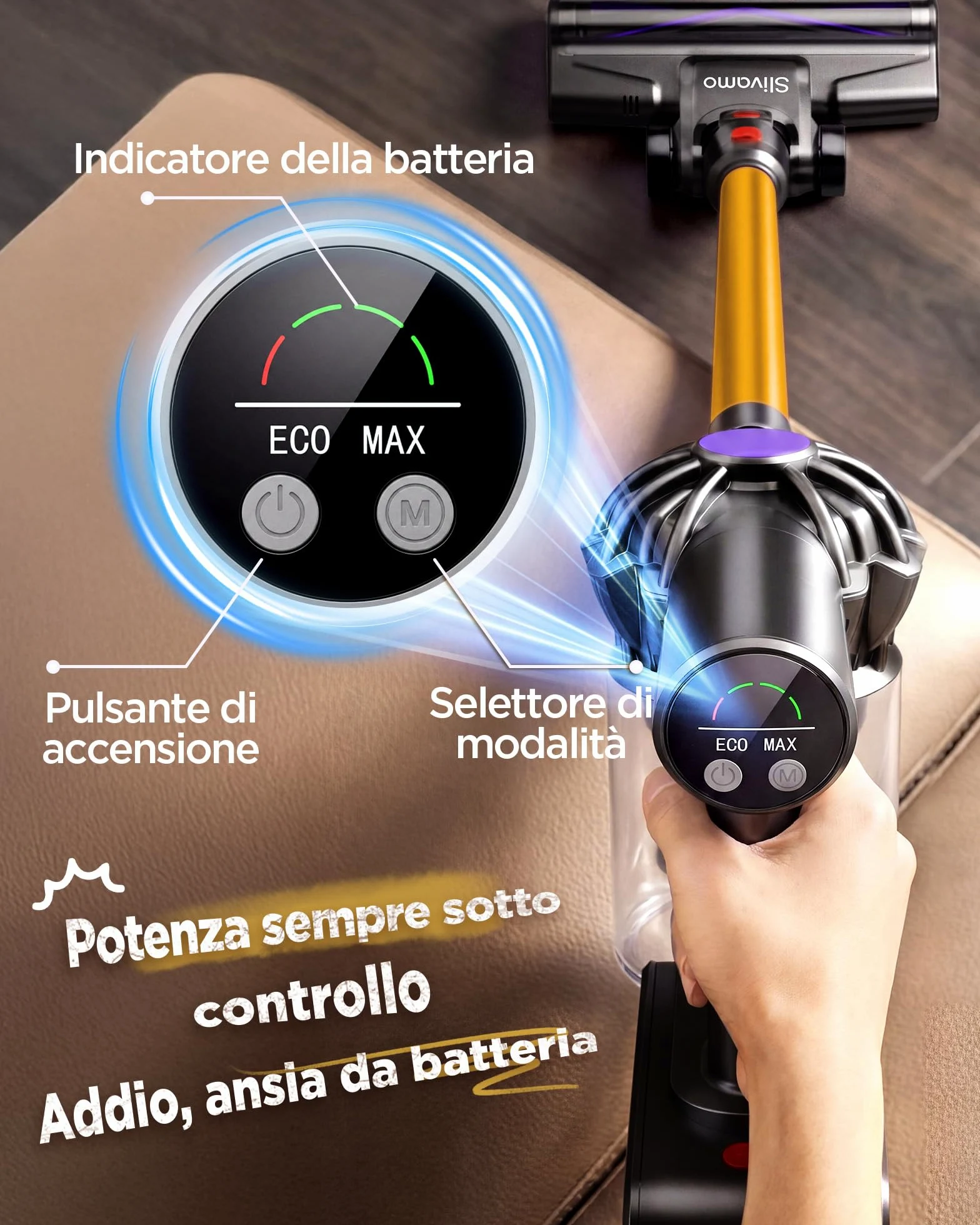S16 Aspirapolvere Senza Fili, 50kPa/600W/45min, Batteria Rimovibile, Scopa Elettrica Leggero con Luce LED Verde, Autoportante, per Peli Di Animali/Pavimenti Duri, Arancione