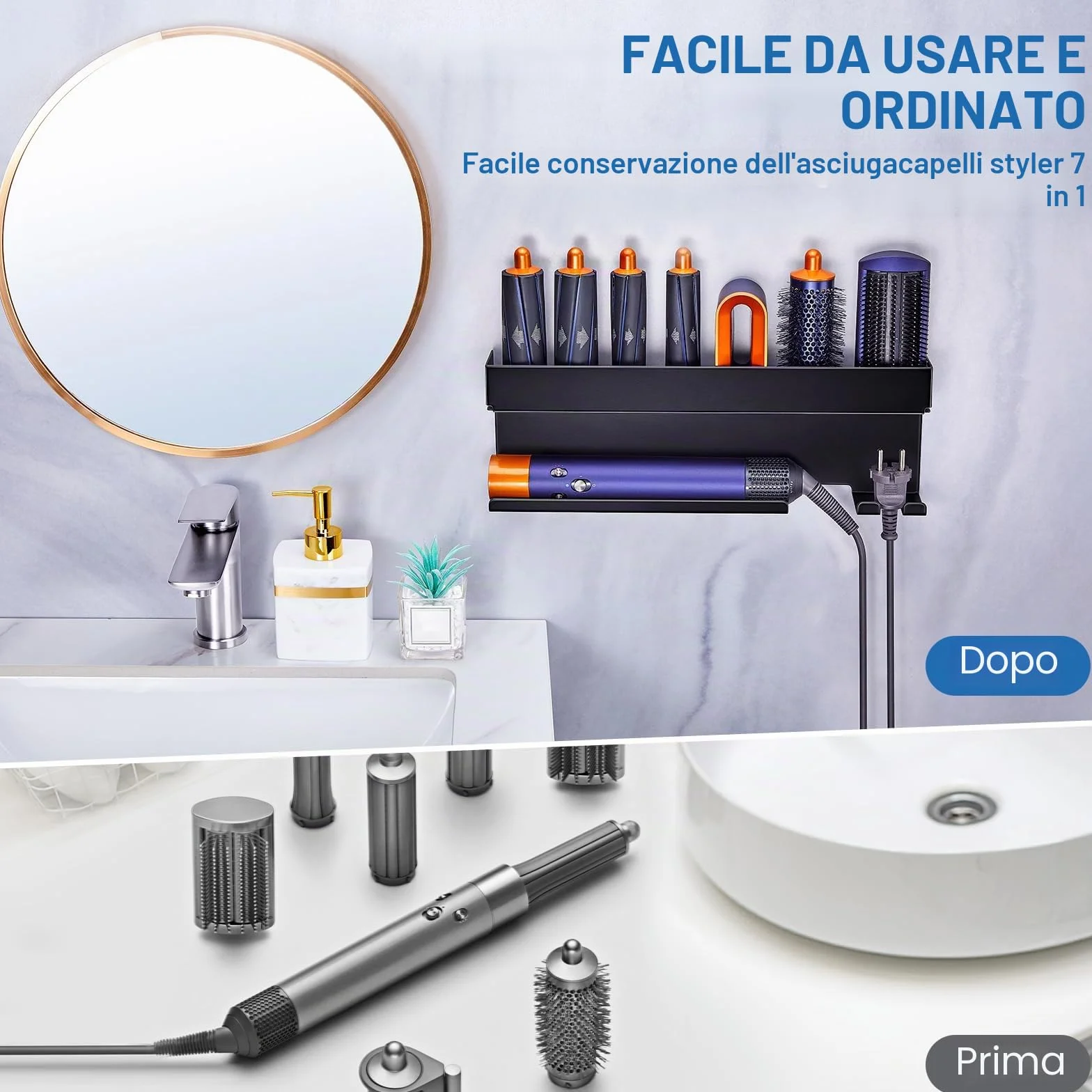 Supporto Phon Da Parete, Lo Stent Asciugacapelli È Adatto Per Gli Accessori Styler Curling Device, Supporto Autoadesivo Per Asciugacapelli, Porta Phon Bagno (Nero)