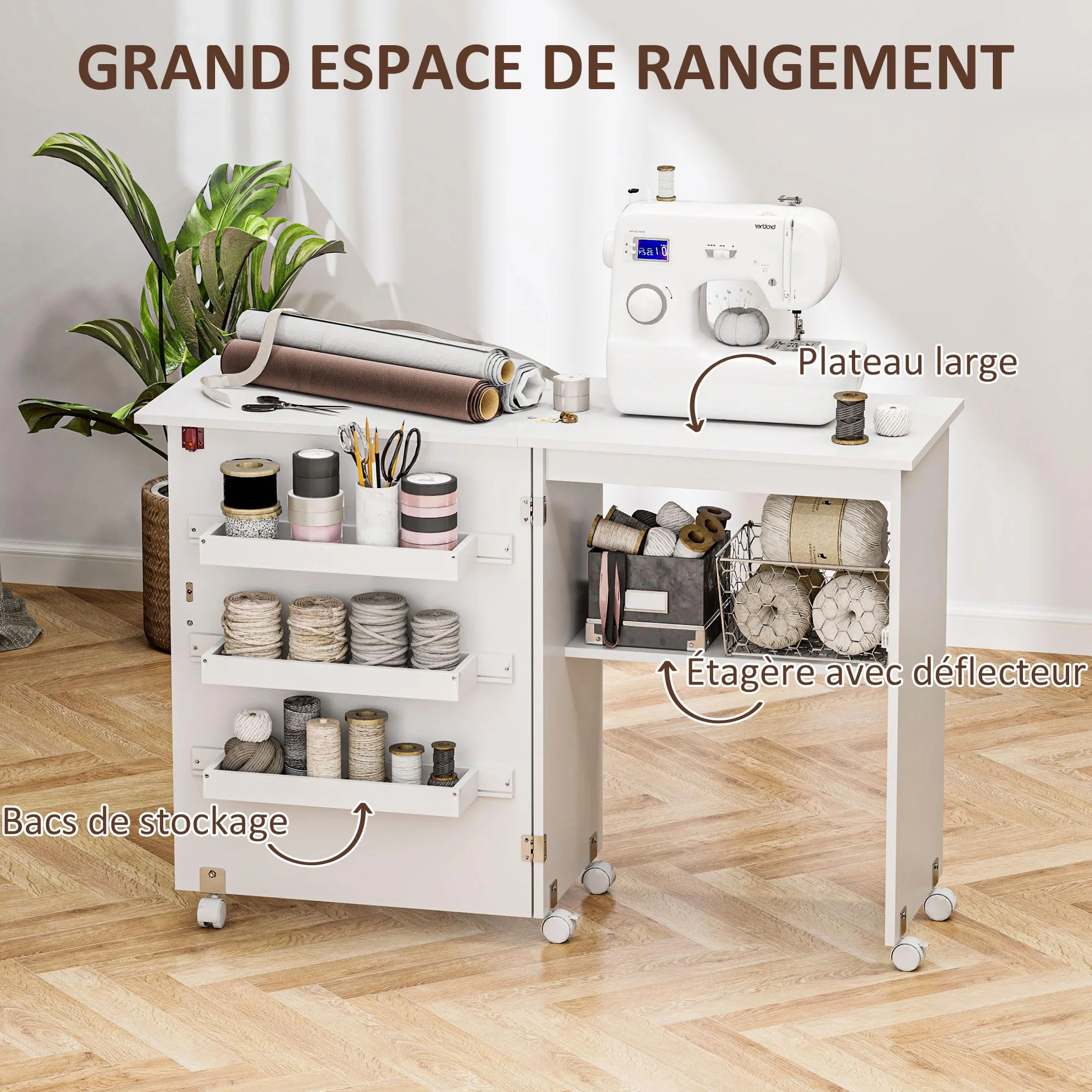 HOMCOM Tavolo da cucito pieghevole Armadio da cucito pieghevole con scomparti, ripiano aperto e rotelle, mobile per macchine da cucire, per soggiorno, ufficio, studio, dim. 118 x 40 x 79,5 cm, bianco