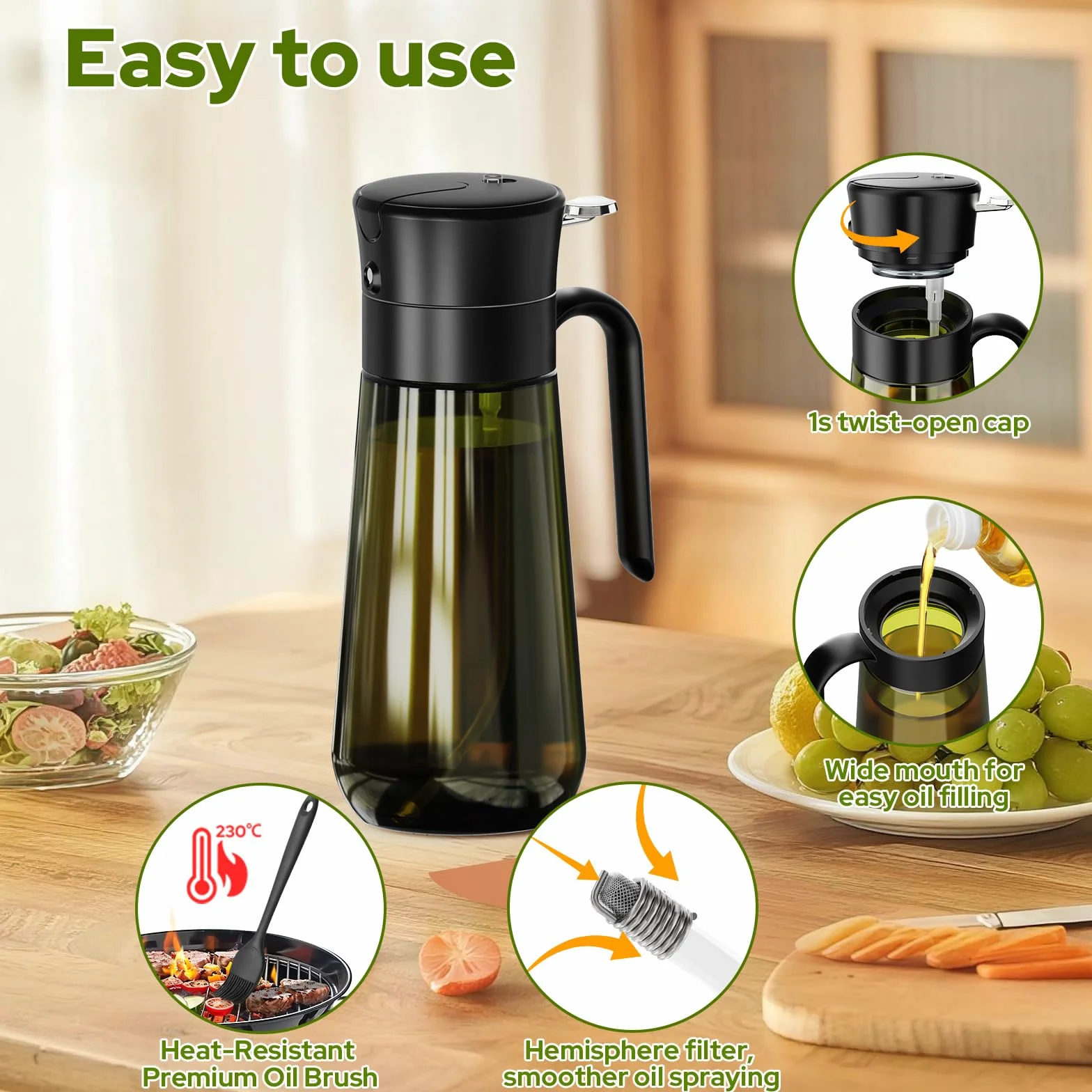 Euqvunn Dispenser Olio 2-in-1 con Pennello, Oliera Spray Vetro Oscurato 580ml per Condimenti e Cottura